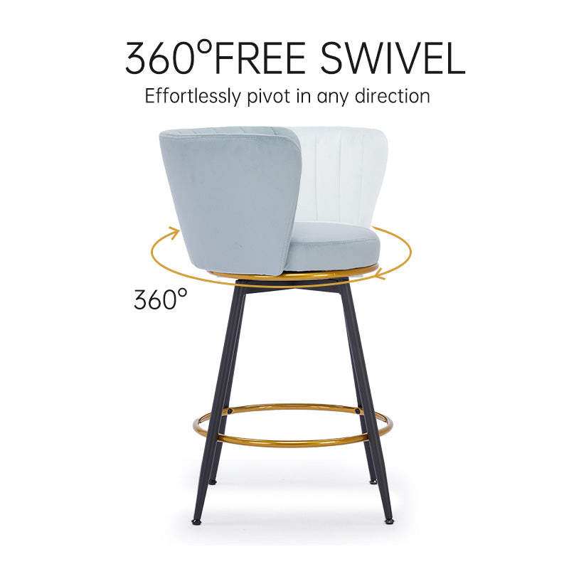 Light blue velvet bar stool with degree swivel base and gold footrest