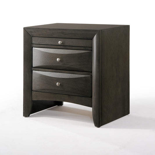 Dark grey modern nightstand with three drawers and silver knobs