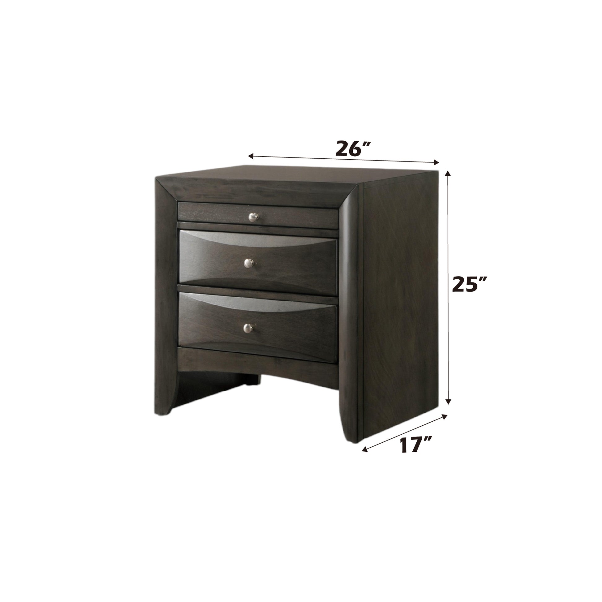Dark gray drawer nightstand with curved drawer fronts and silver knobs