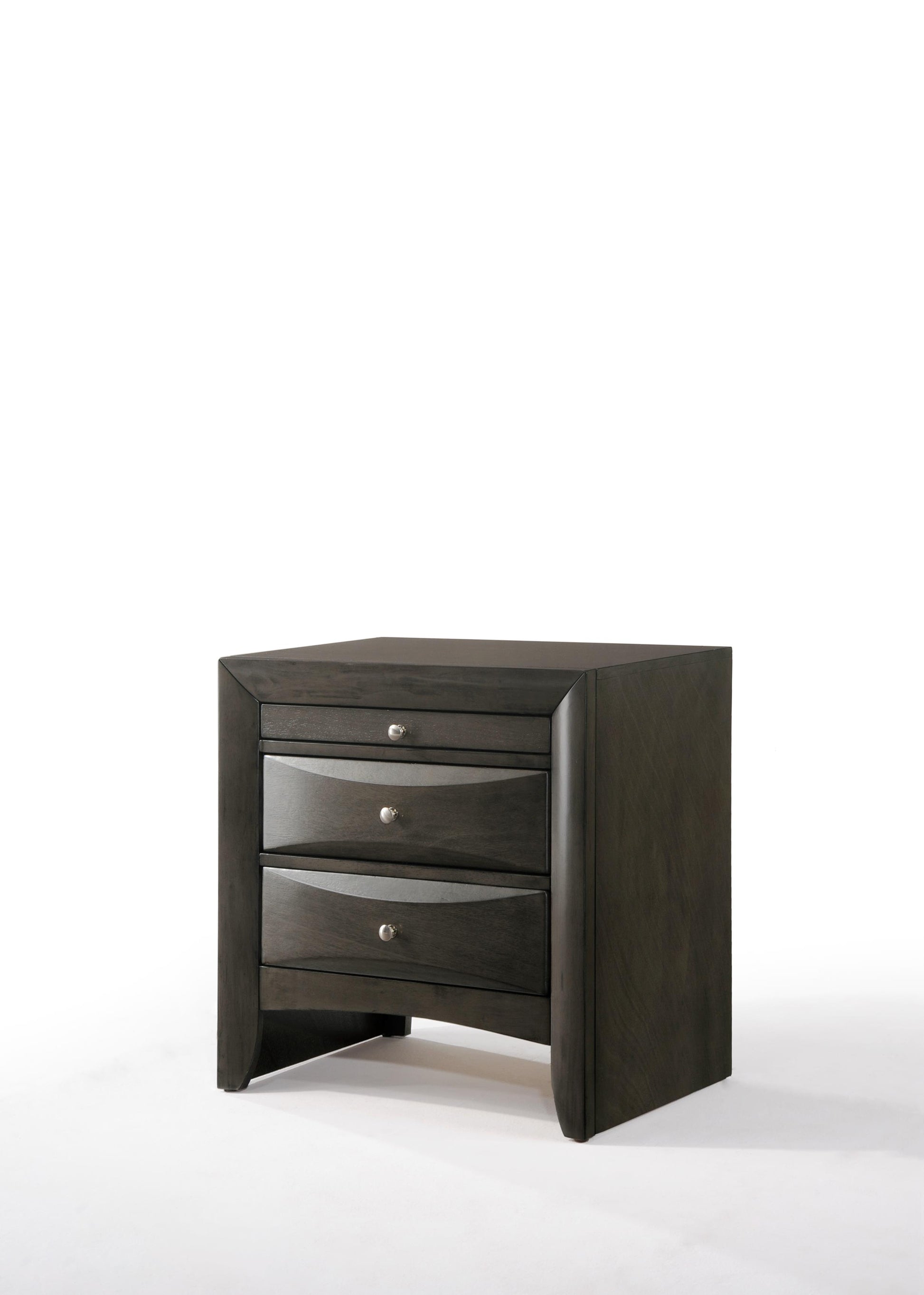 Dark gray modern nightstand with three drawers and silver knobs
