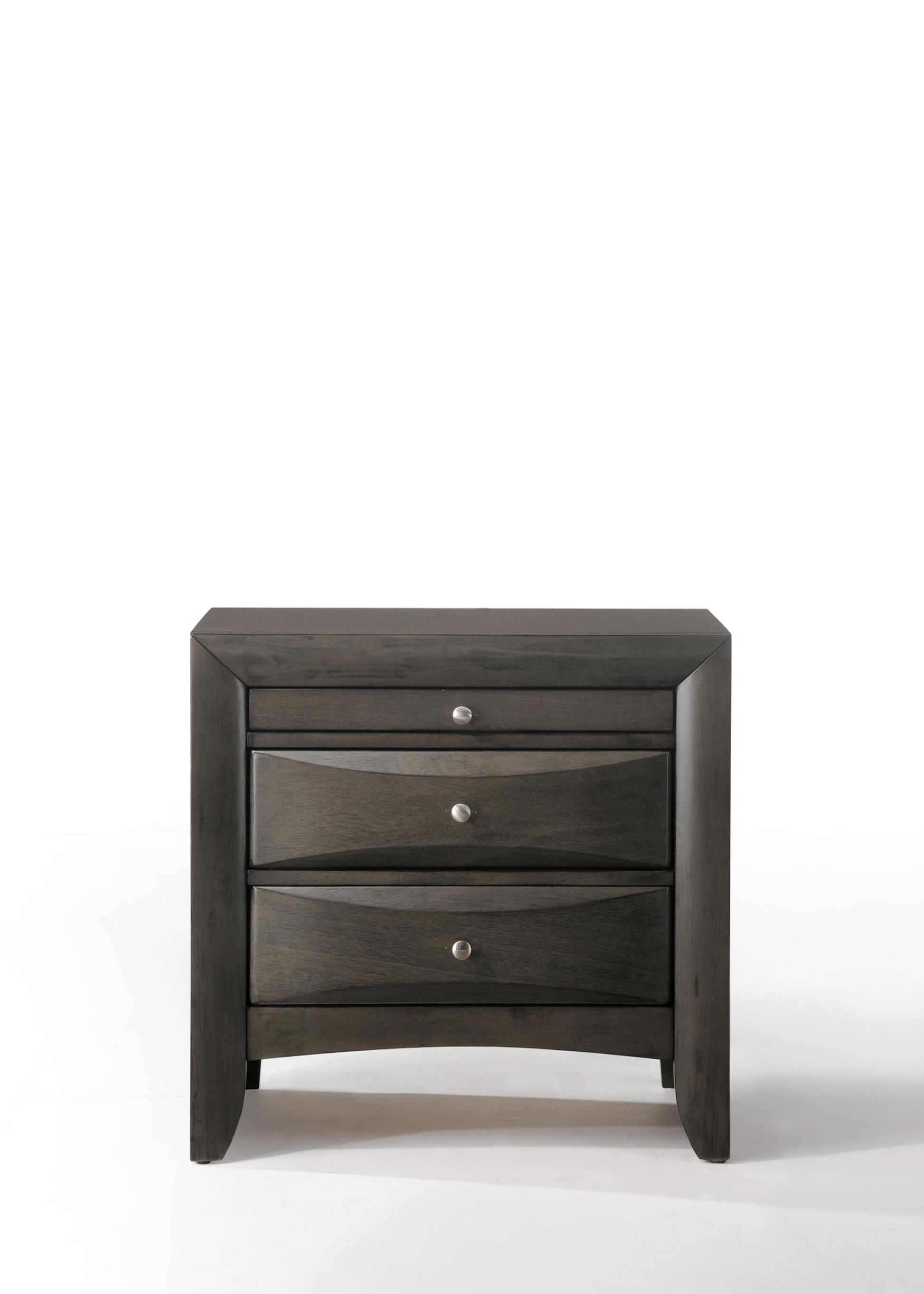 Dark gray wooden nightstand with three drawers and silver knobs