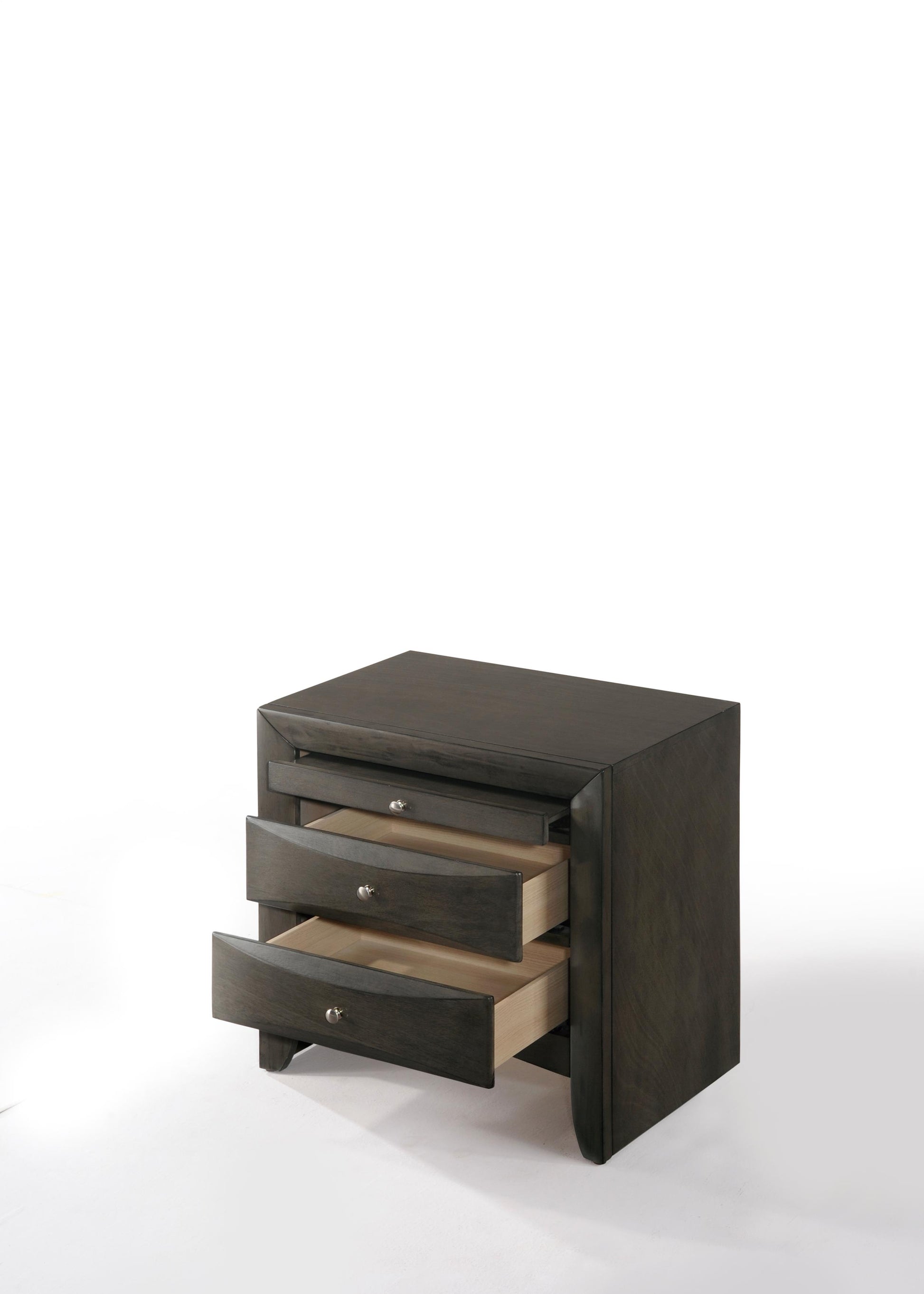 Dark gray wooden nightstand with three drawers and silver knobs