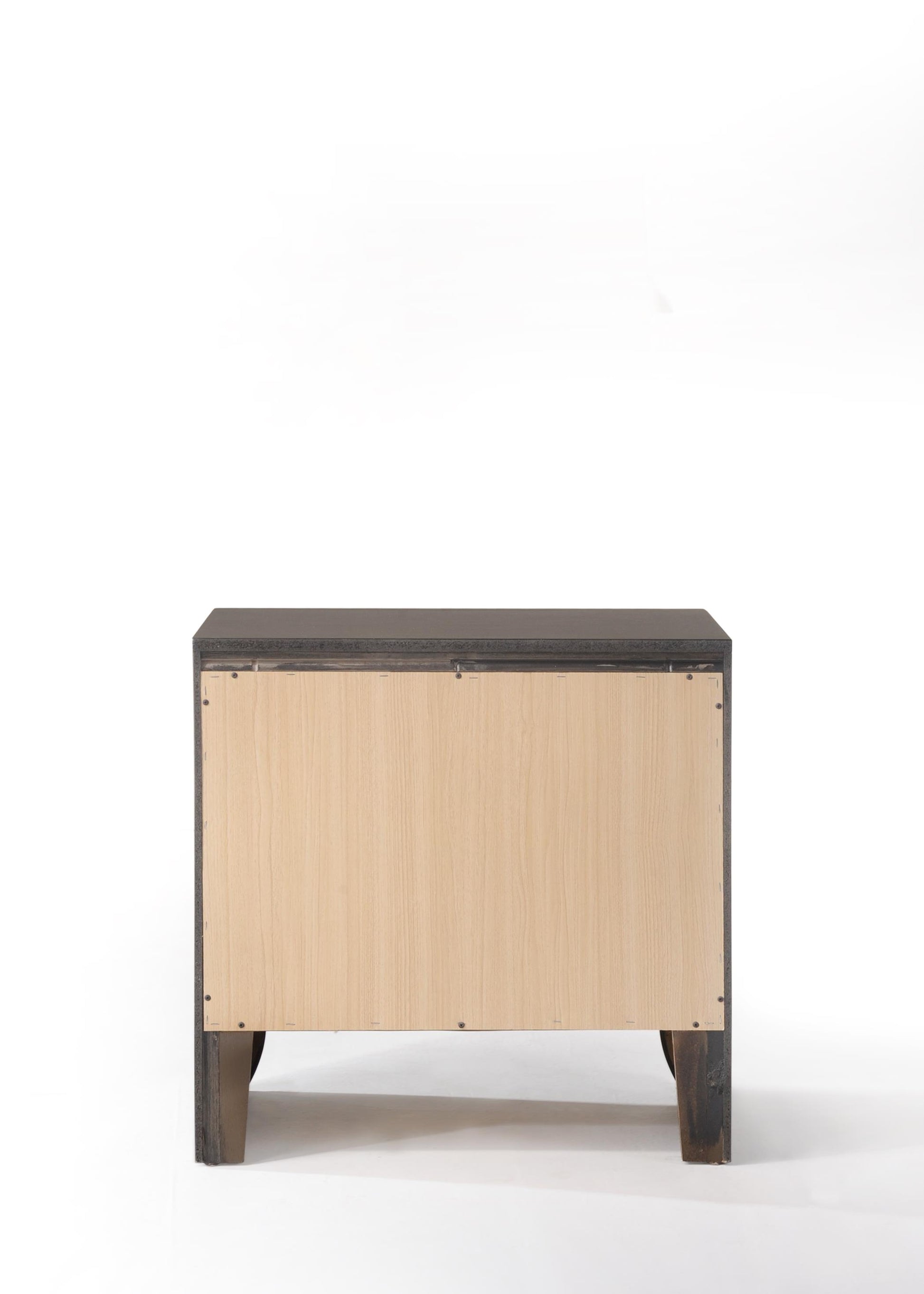 Dark grey bedside table back view with unfinished wood paneling