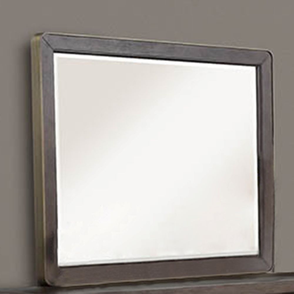 Modern square mirror with a dark wood frame and beveled glass