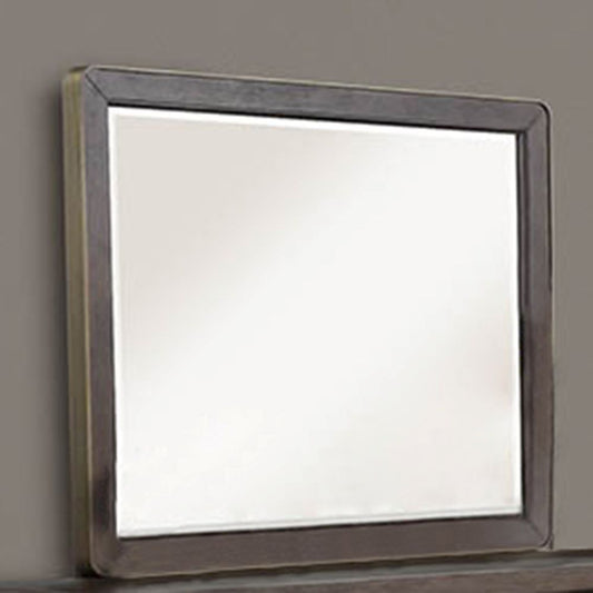 Modern square mirror with a dark wood frame and beveled glass