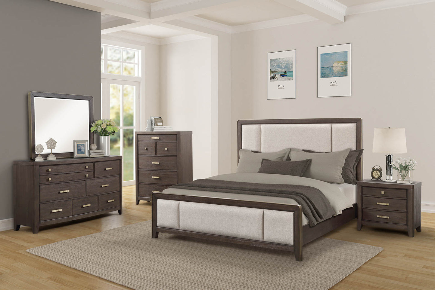 Dark wood and upholstered queen bed frame with beige headboard and footboard