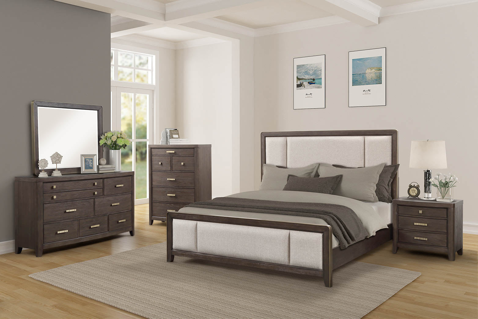 Dark wood and upholstered queen bed frame with beige headboard and footboard