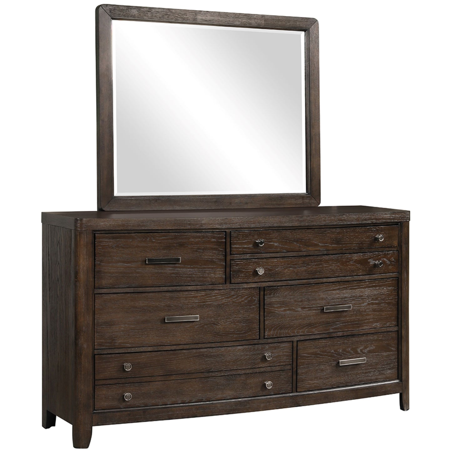 Dark wood dresser with eight drawers and attached mirror