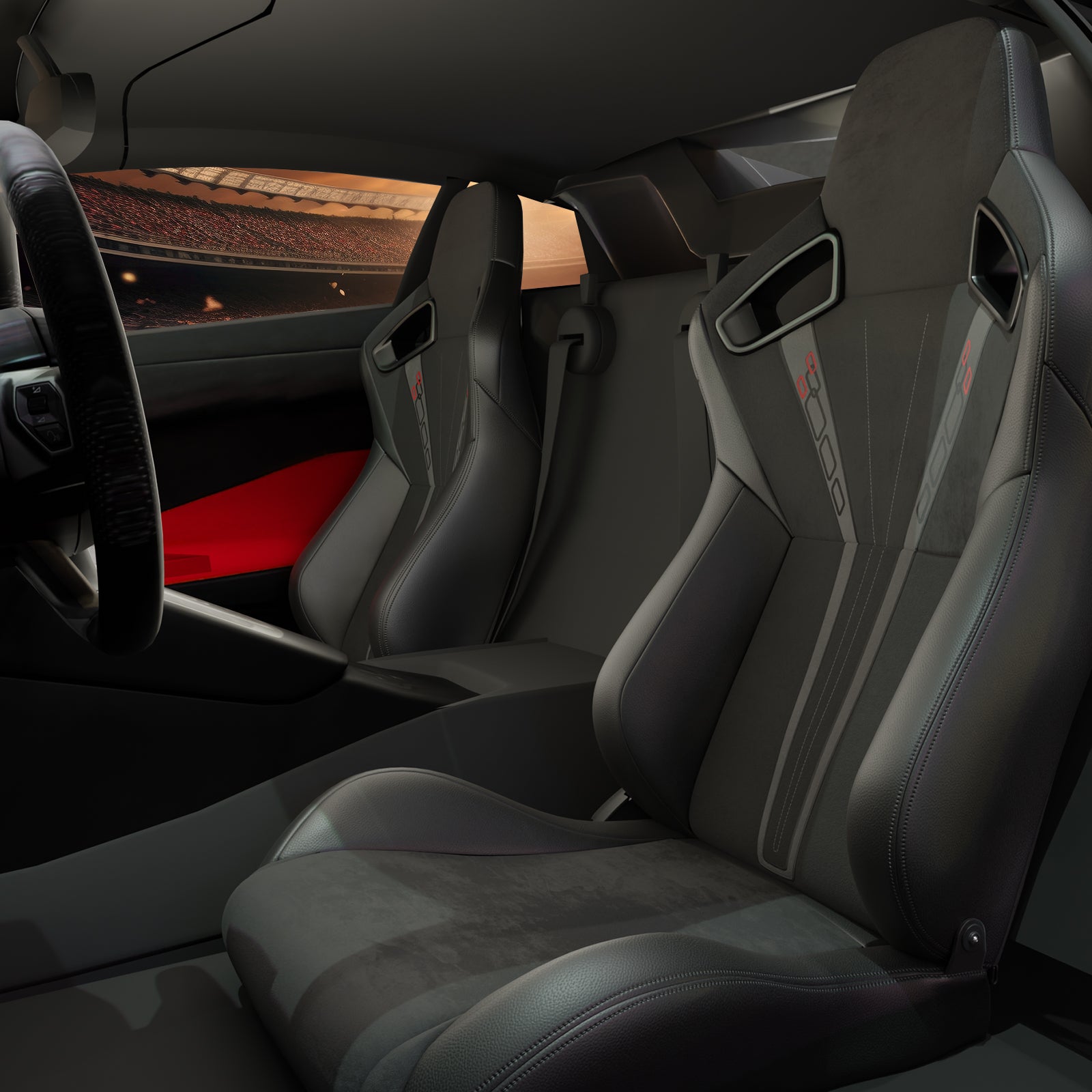 Black leather bucket seat with red accents and a racing stadium in background