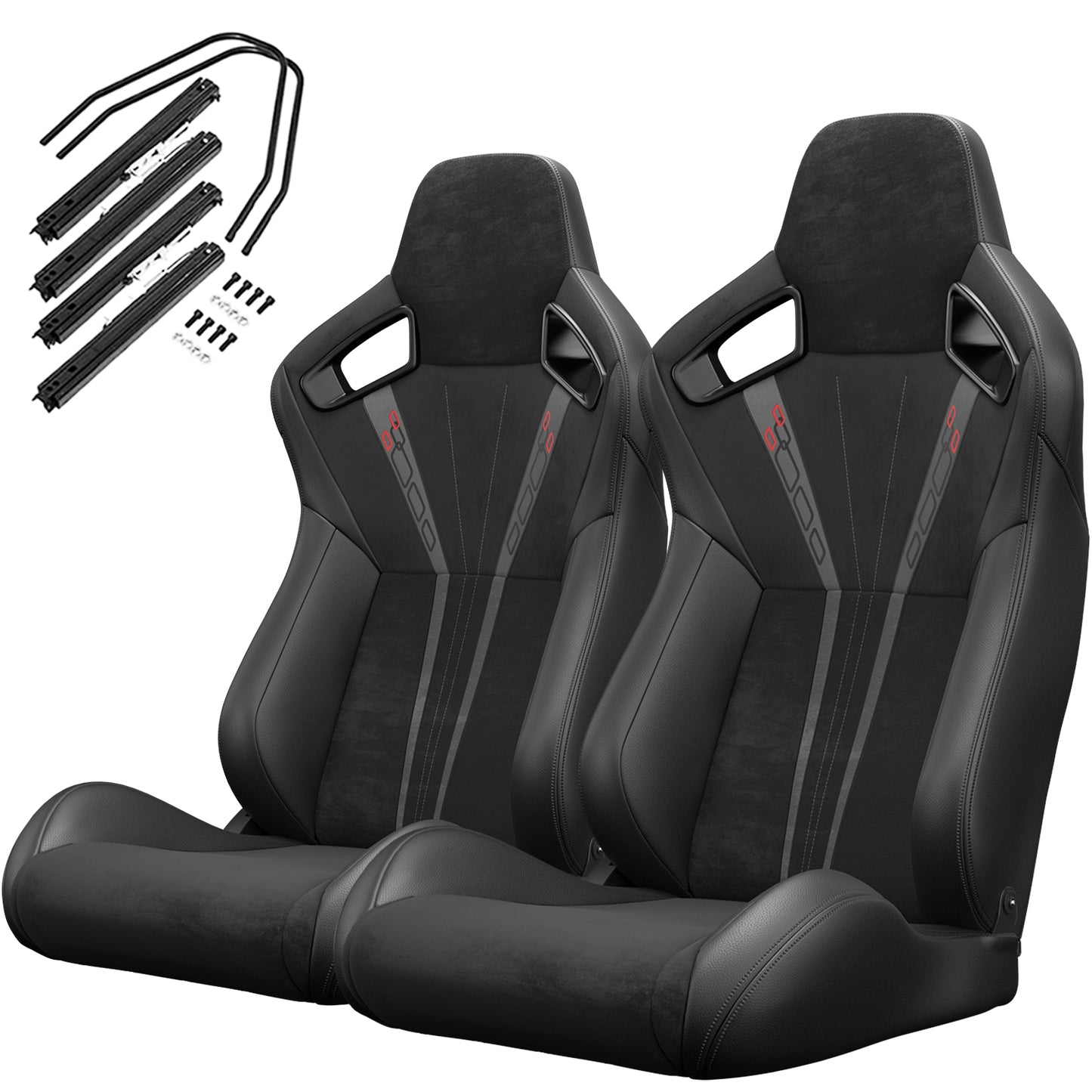 Pair of black racing seats with suede inserts and red accents