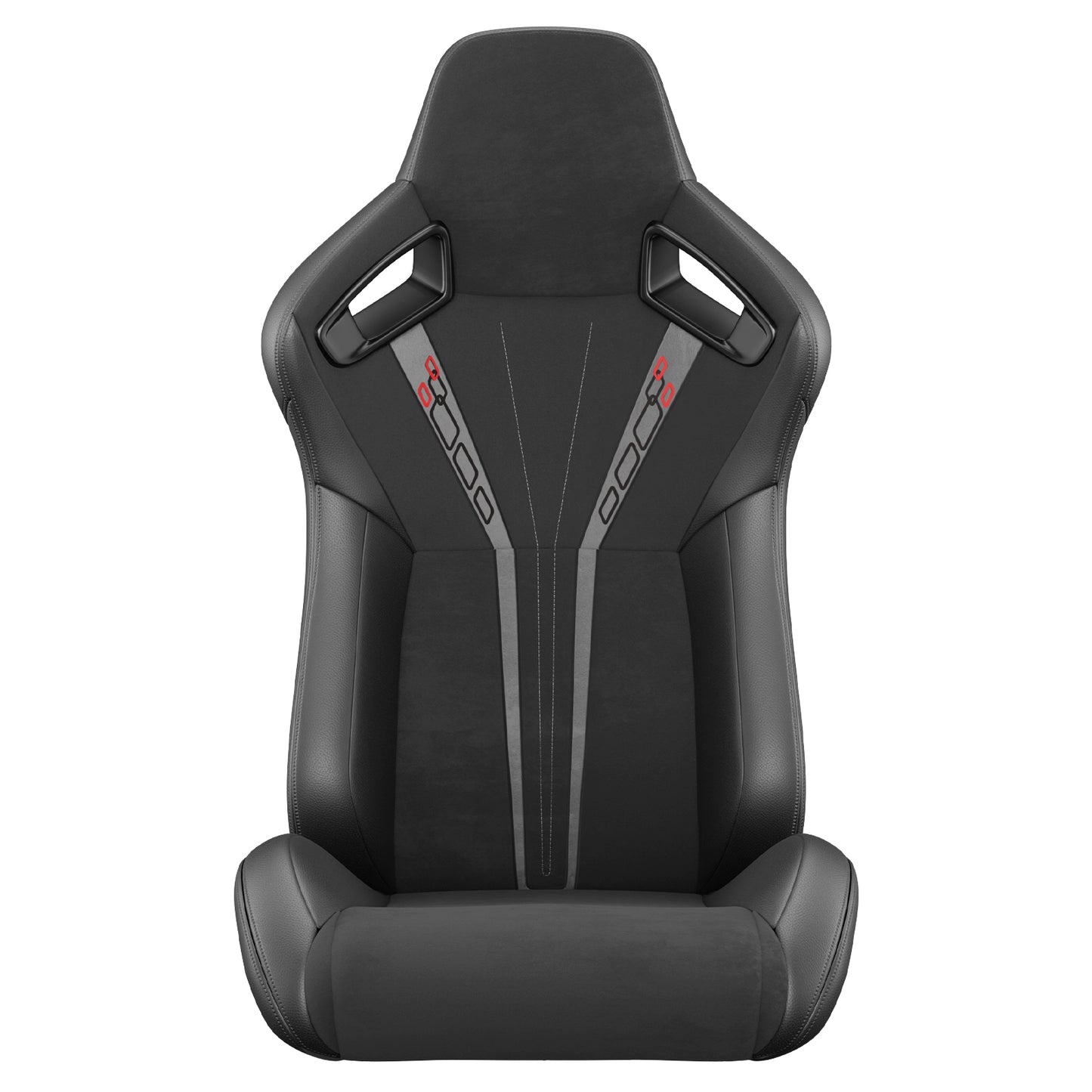 Black racing bucket seat with red and grey accents