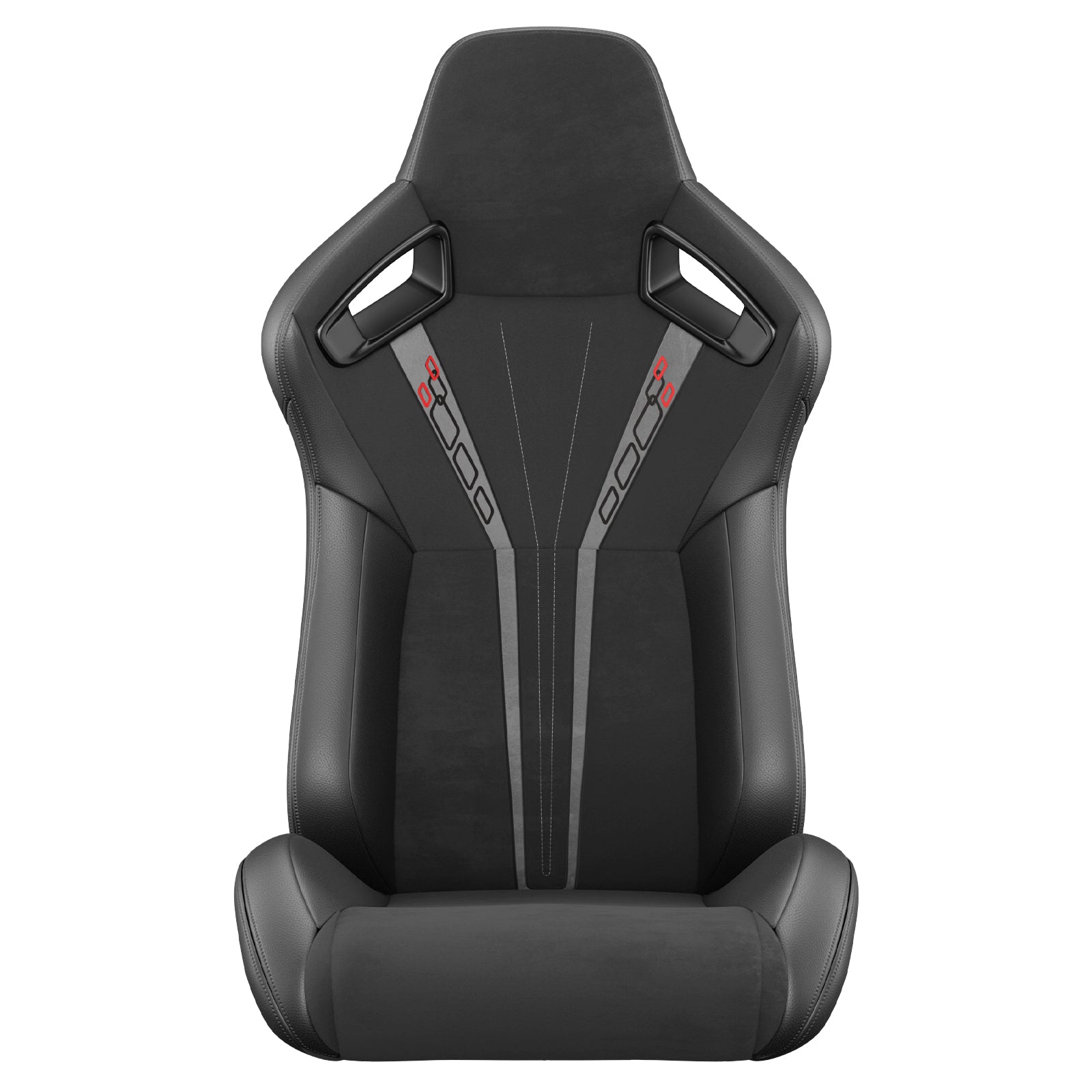 Black racing bucket seat with red and grey accents