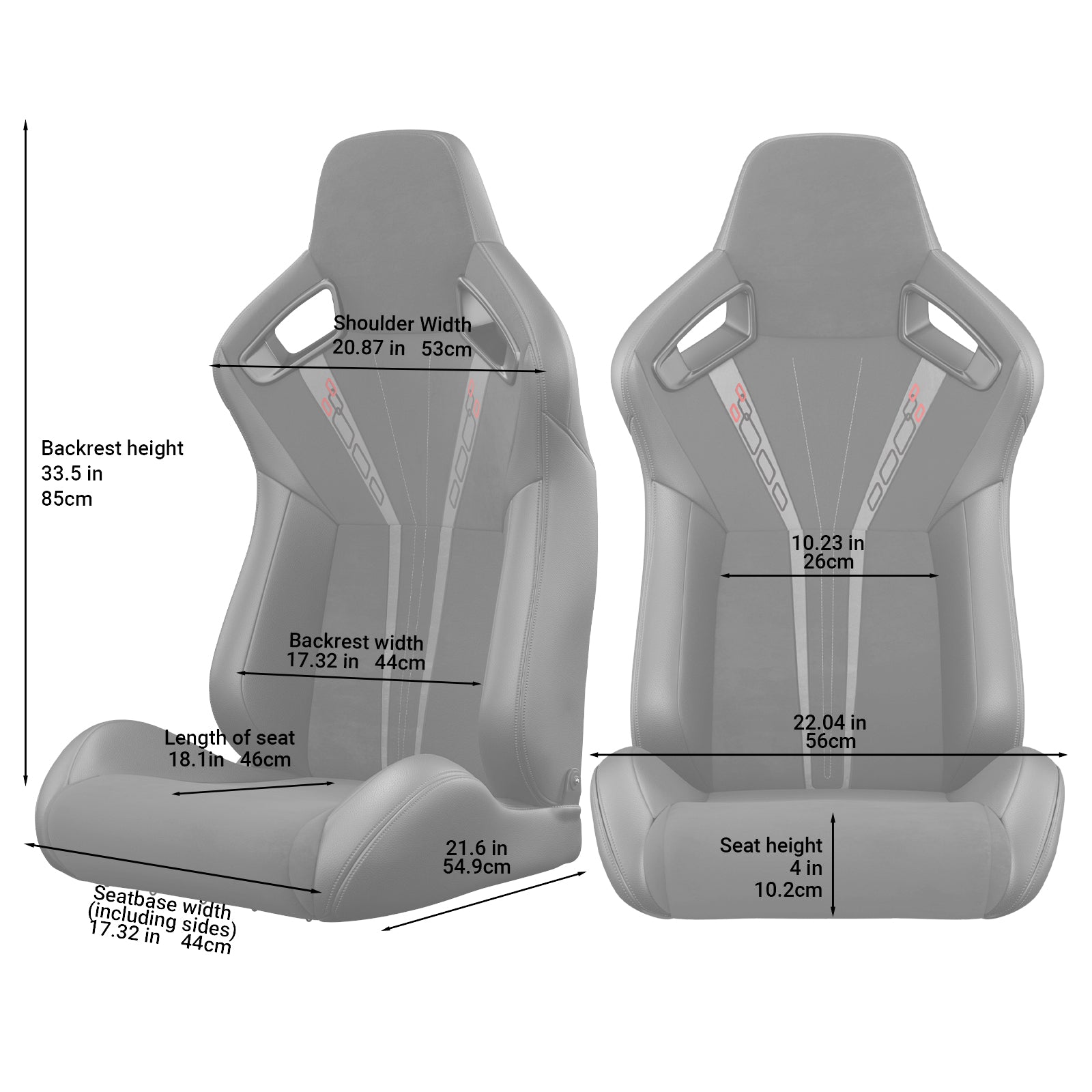 Gray racing seat with red accents and dimensional callouts