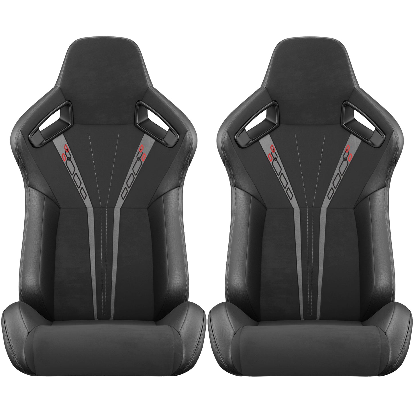 Pair of black racing bucket seats with red accents and grey stripe