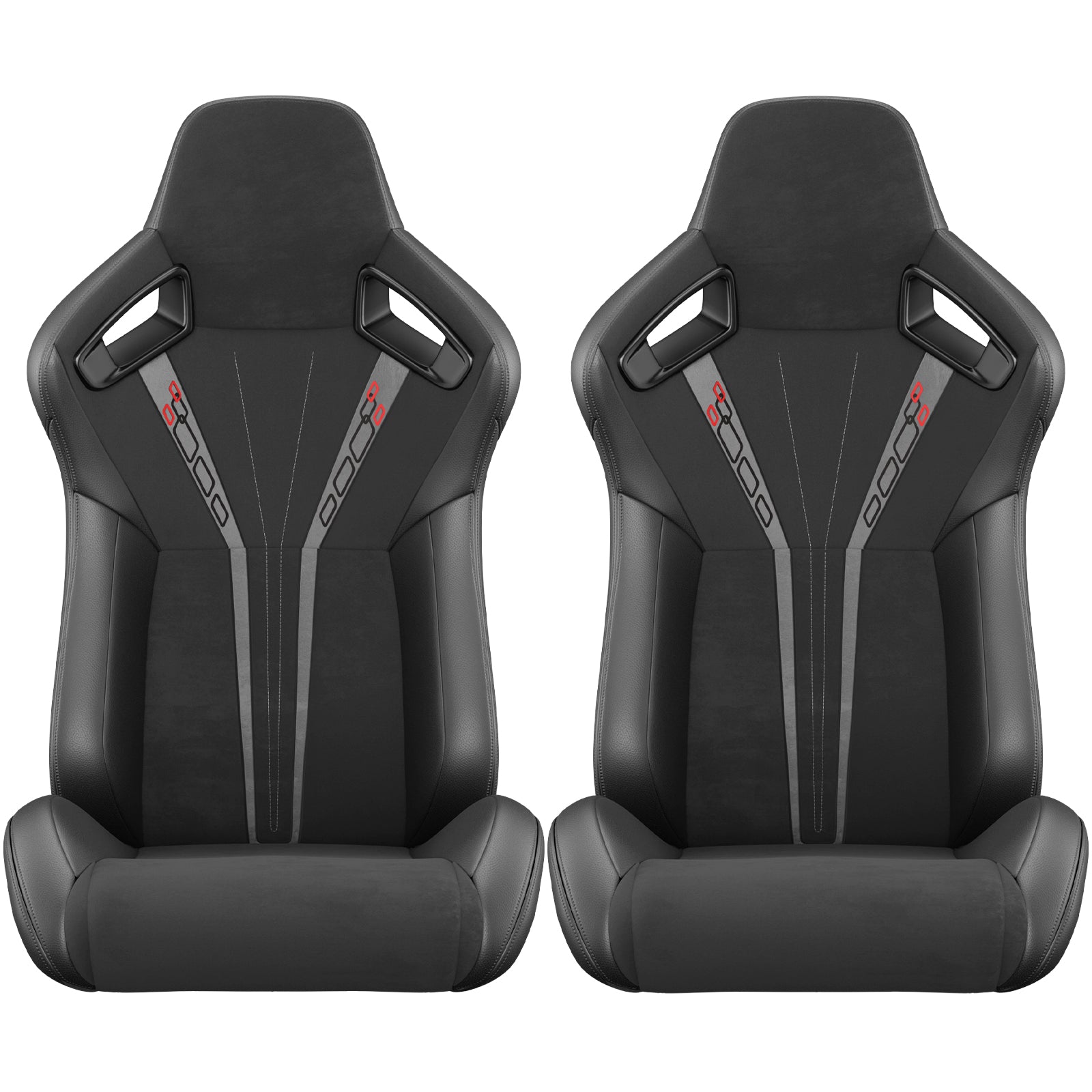Pair of black racing bucket seats with red accents and grey stripe