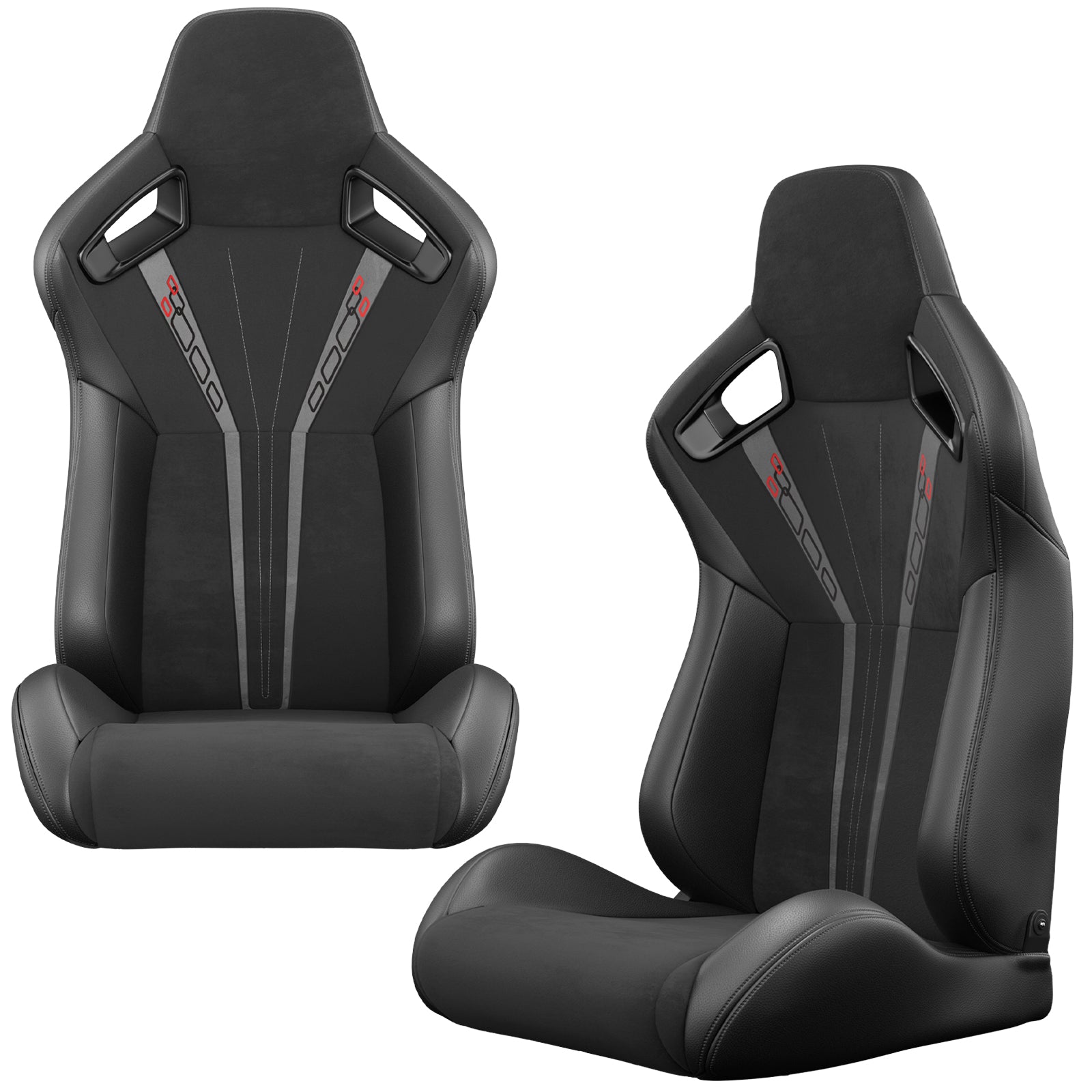 Black racing bucket seat with red and gray accents