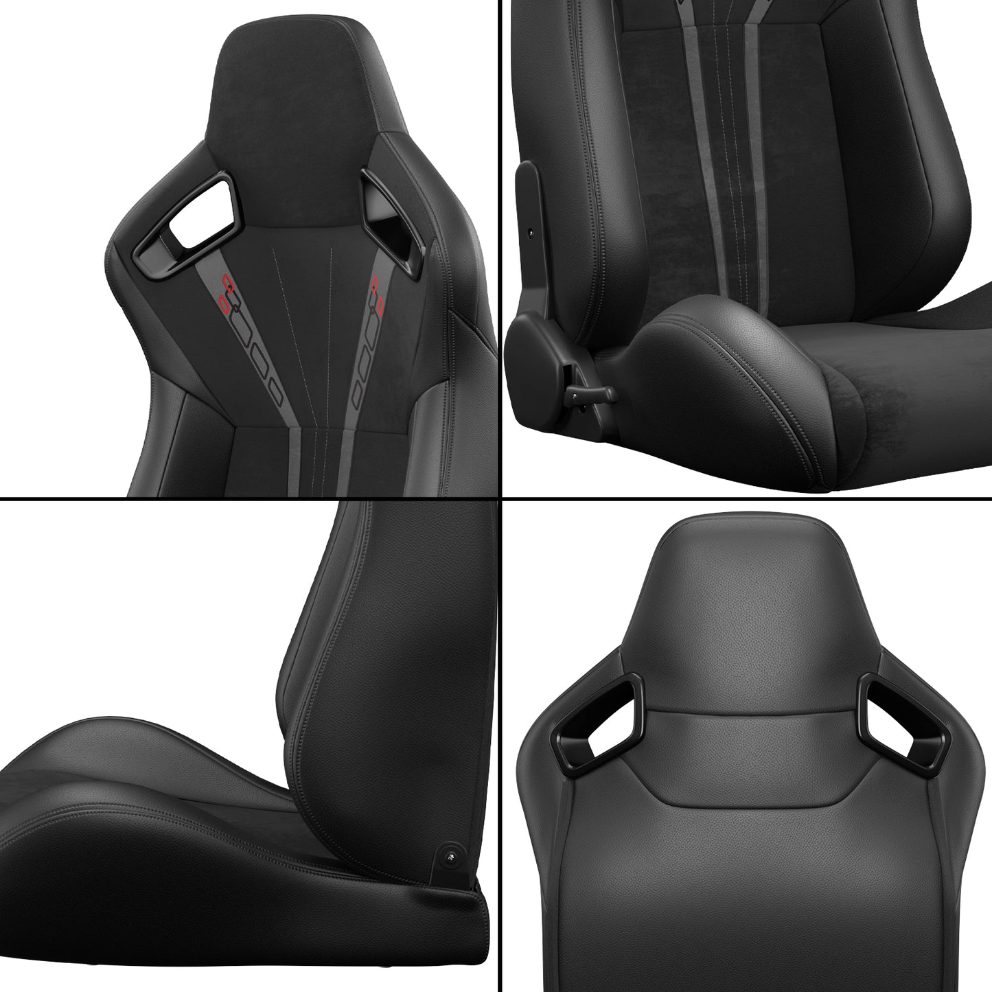 Black racing seat with red and grey accents