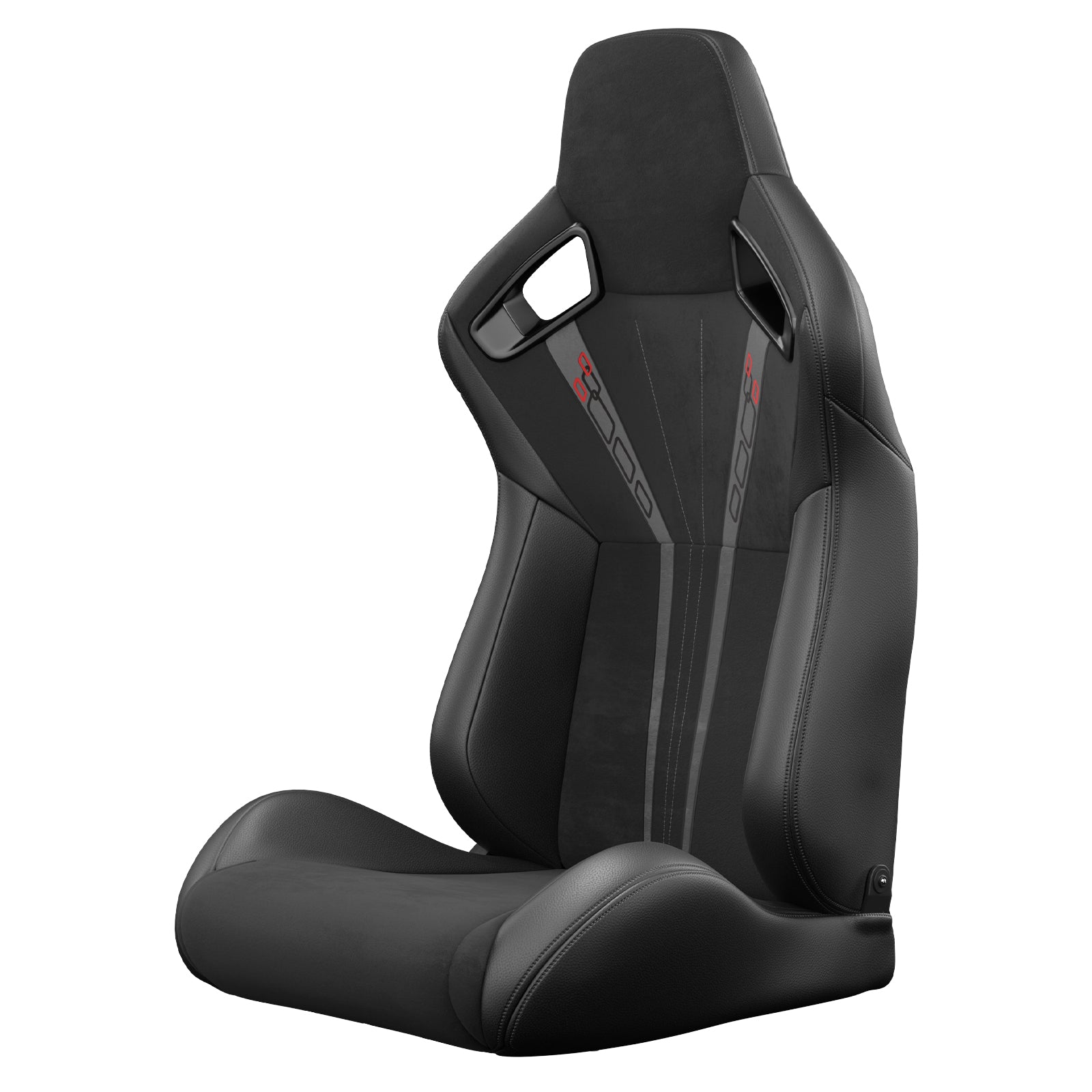 Black racing seat with red and gray accents
