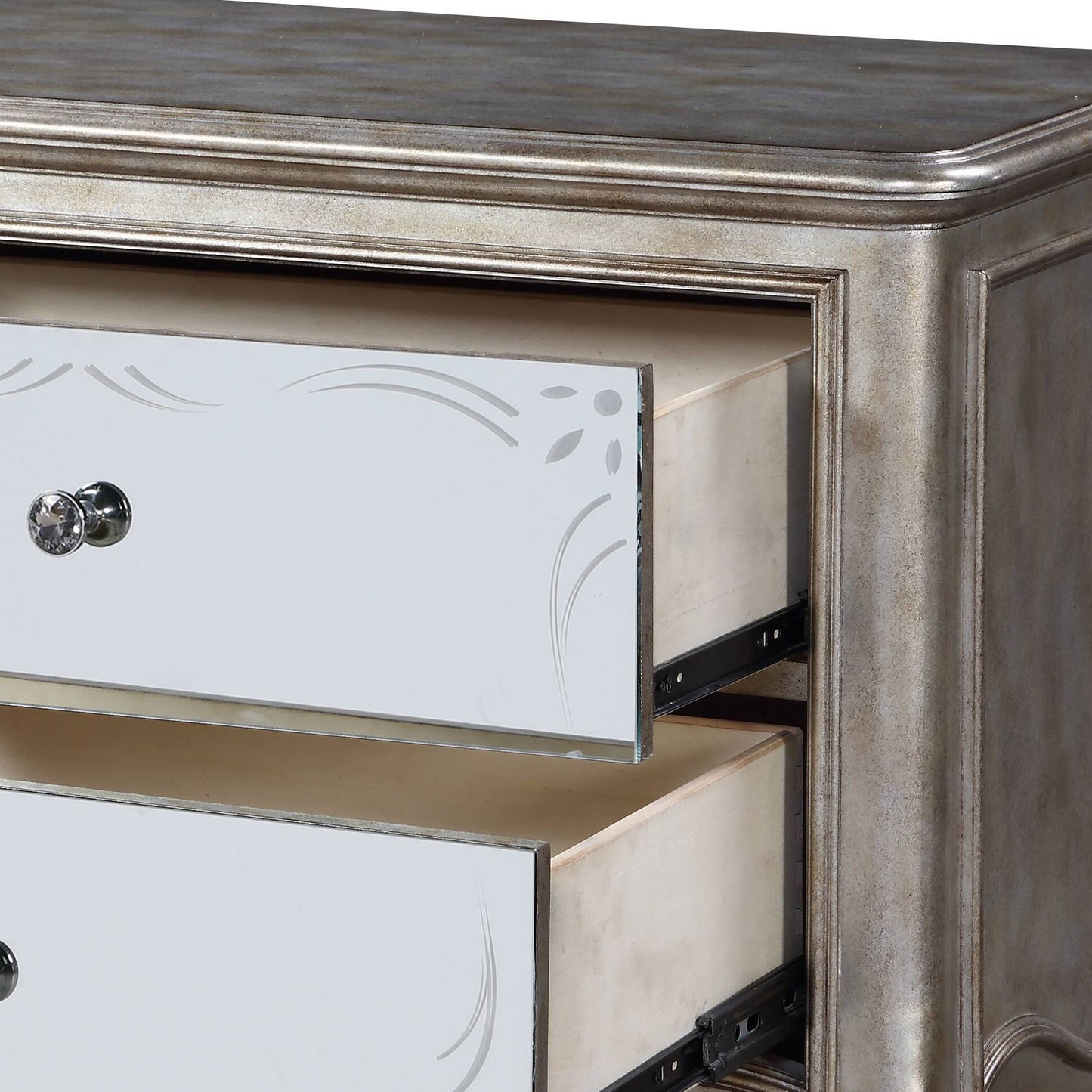 Silver mirrored dresser with crystal knobs and etched floral details