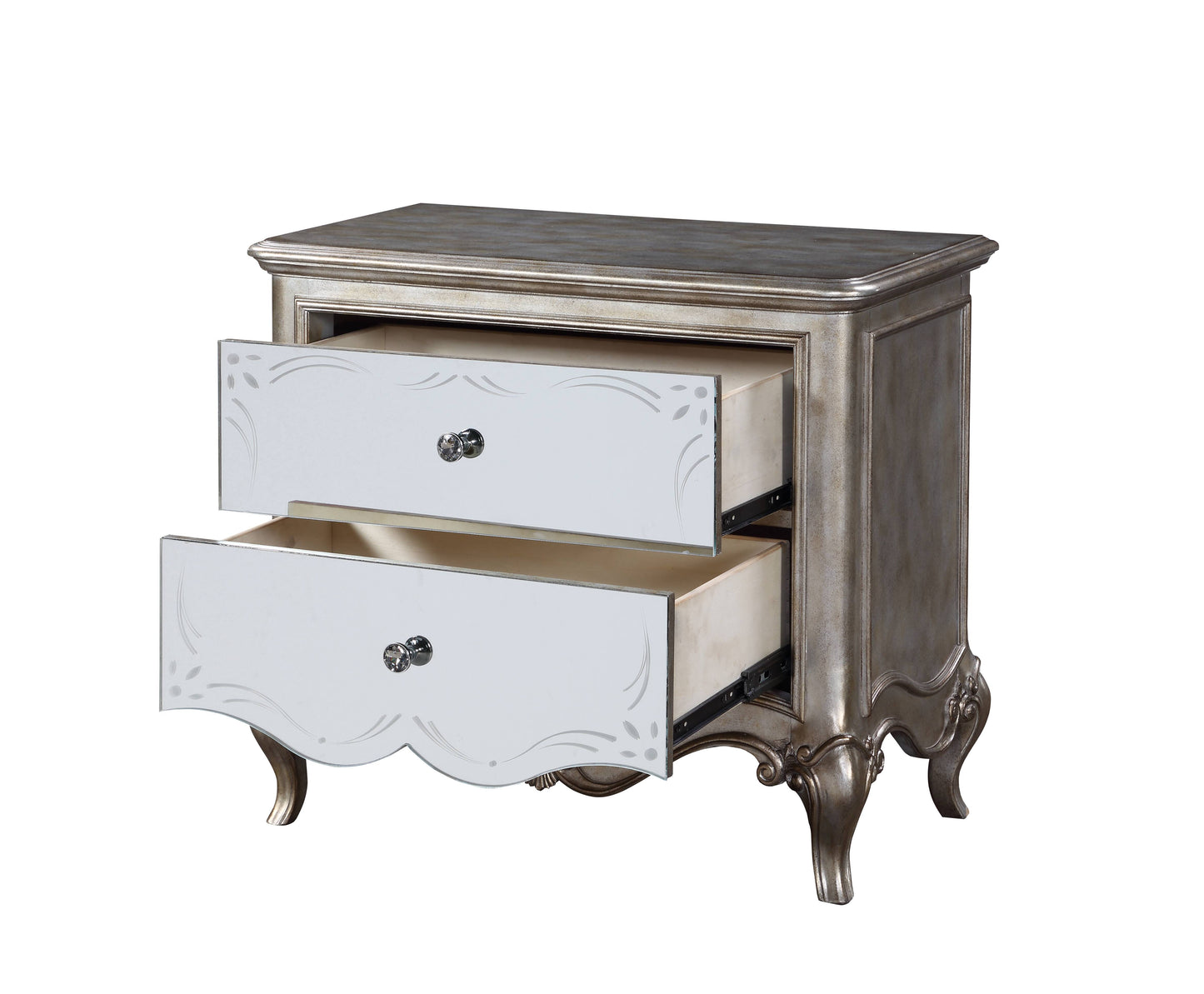 Antique silver nightstand with mirrored drawers and crystal knobs