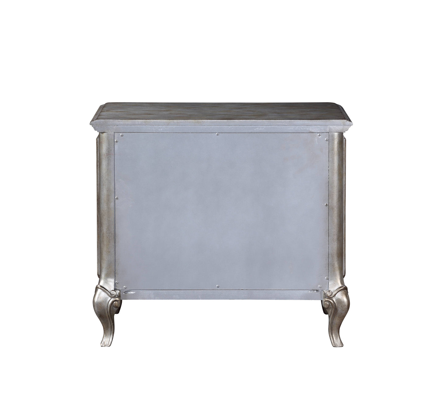 Gray metal nightstand with ornate legs
