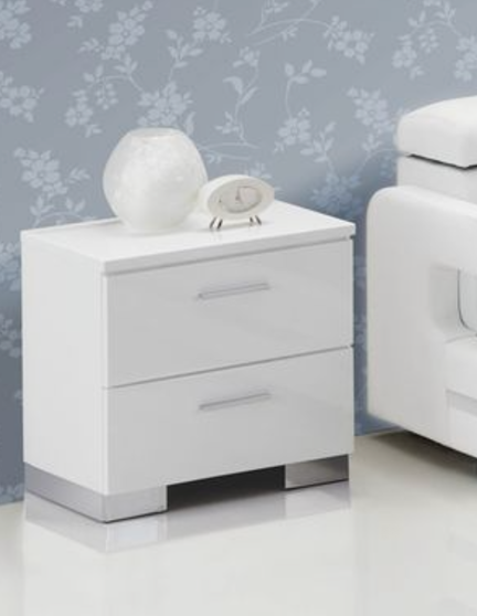 Sleek white highgloss twodrawer nightstand with brushed silver handles