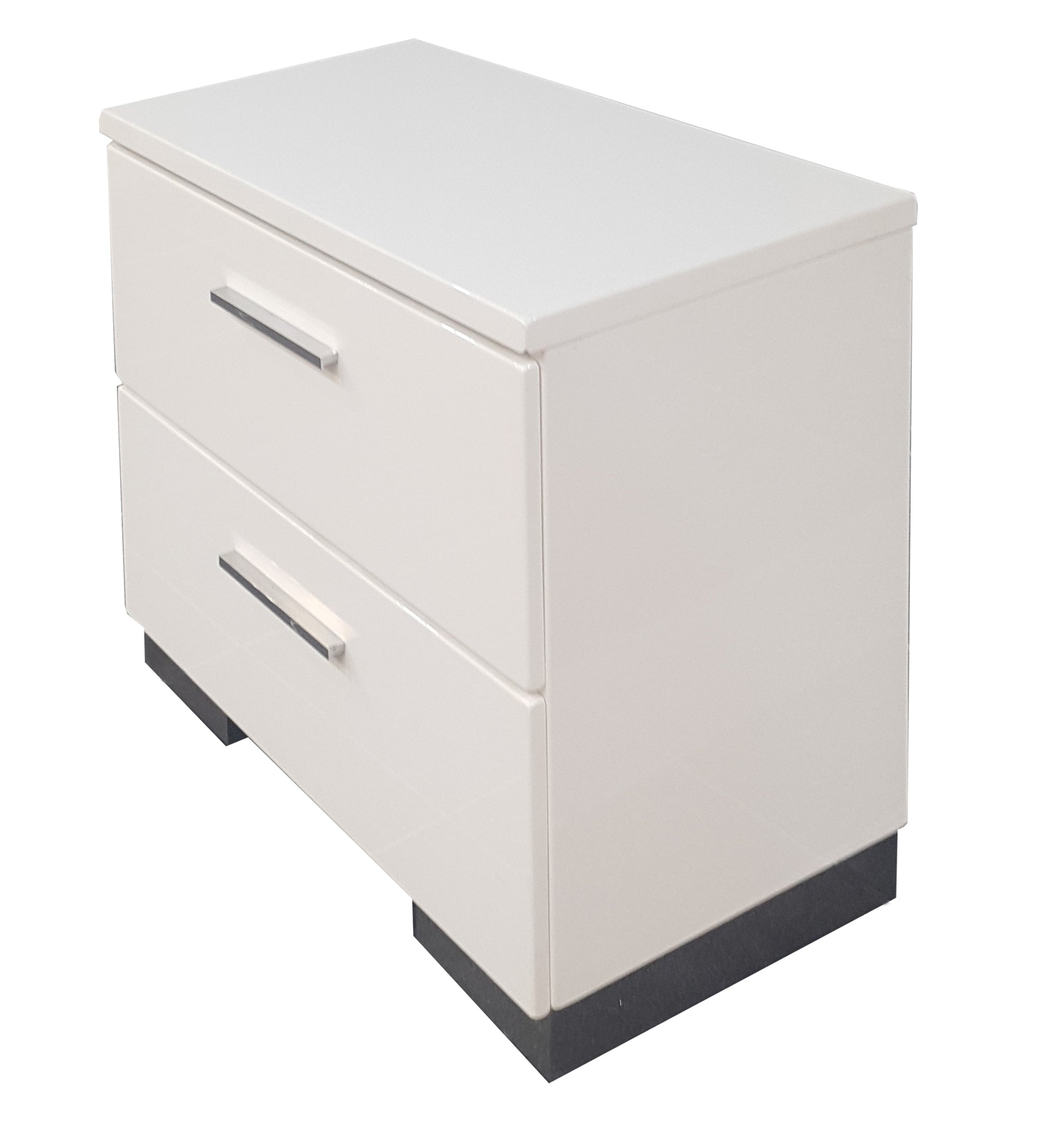 Glossy white twodrawer nightstand with silver handles and dark base