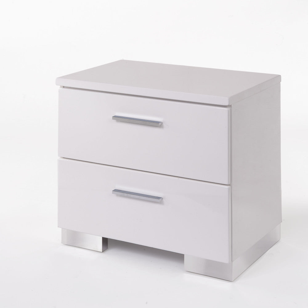 White gloss twodrawer nightstand with silver bar pulls and modern block feet