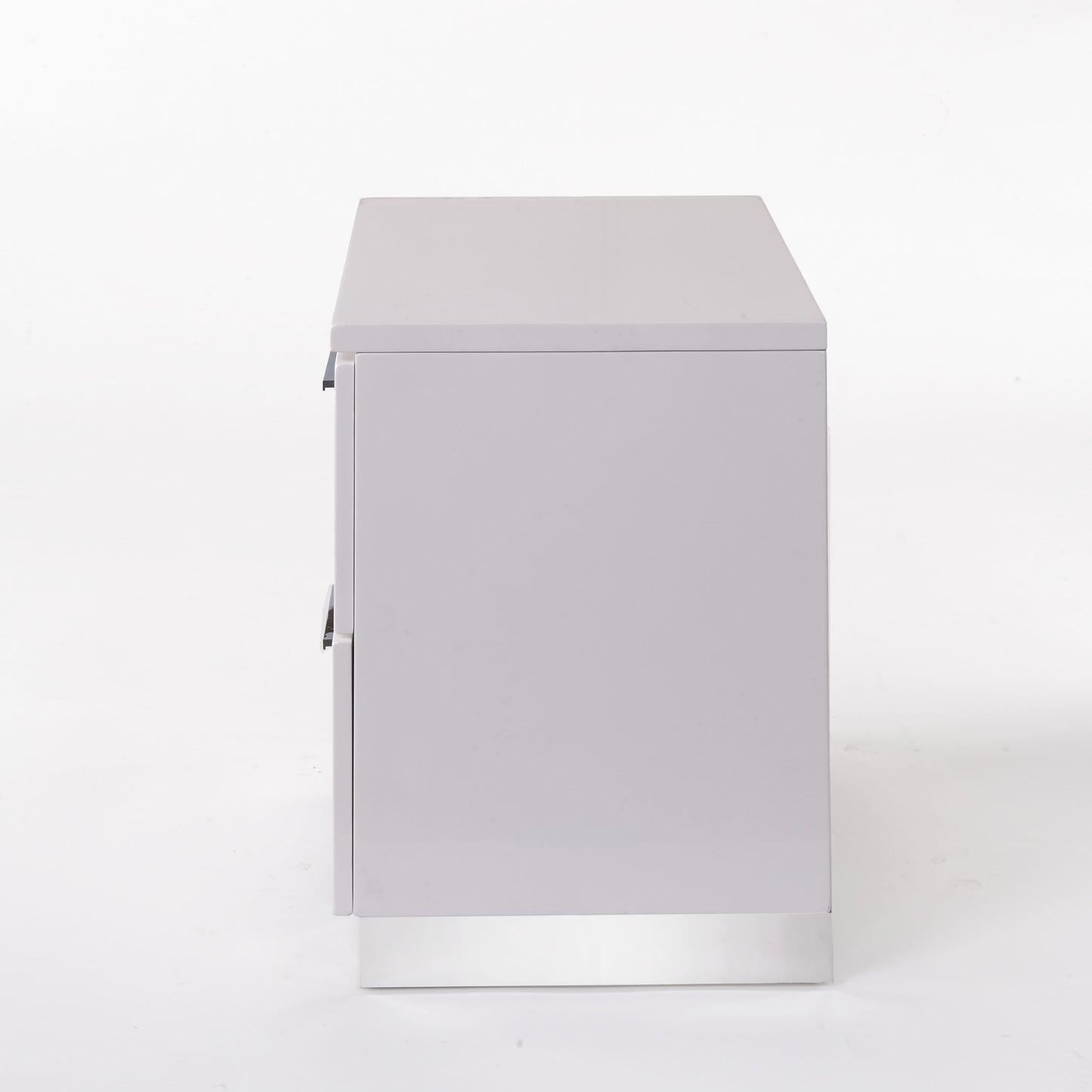 Modern gray twodrawer nightstand with polished chrome base
