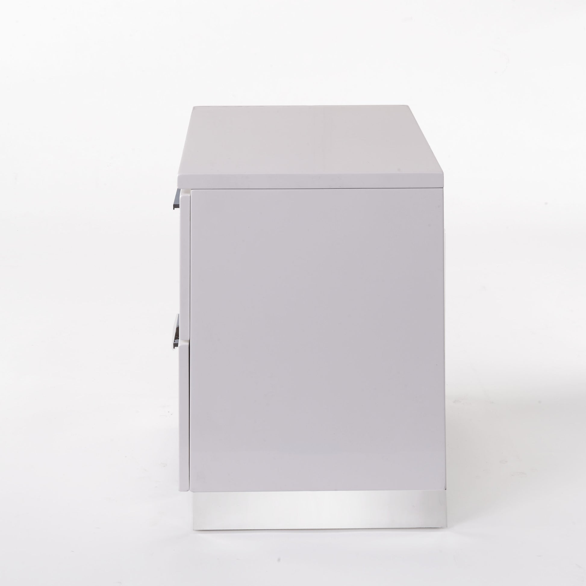 Modern gray twodrawer nightstand with polished chrome base