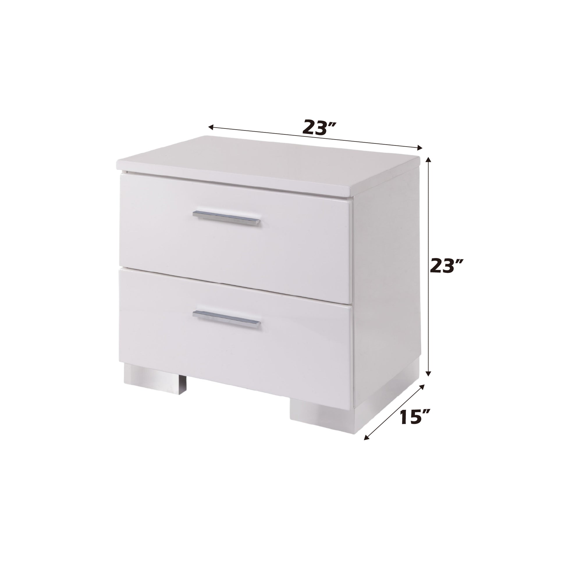 White high gloss twodrawer nightstand with silver bar pulls and modern block feet
