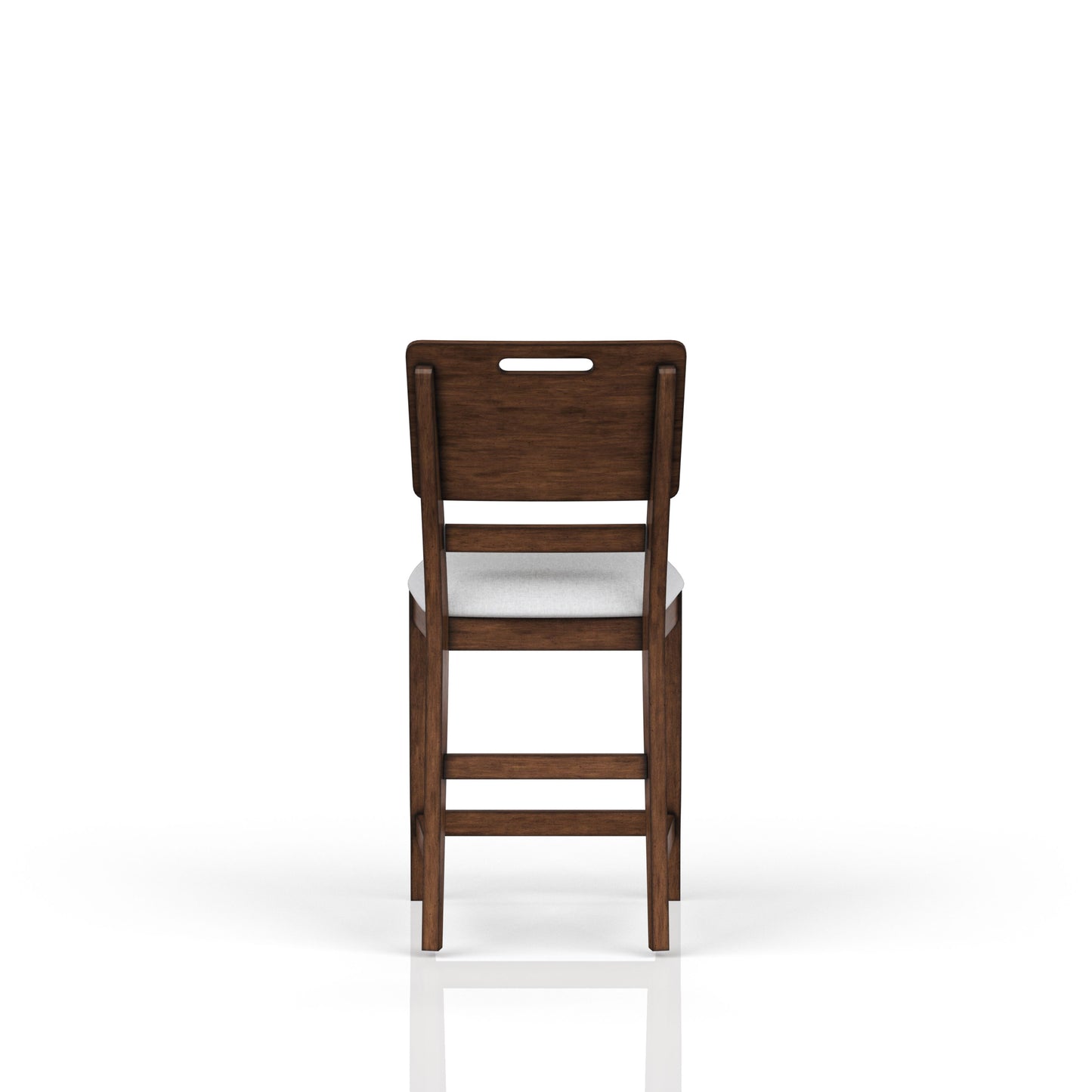 Back view of dark wood counter stool with white upholstered seat