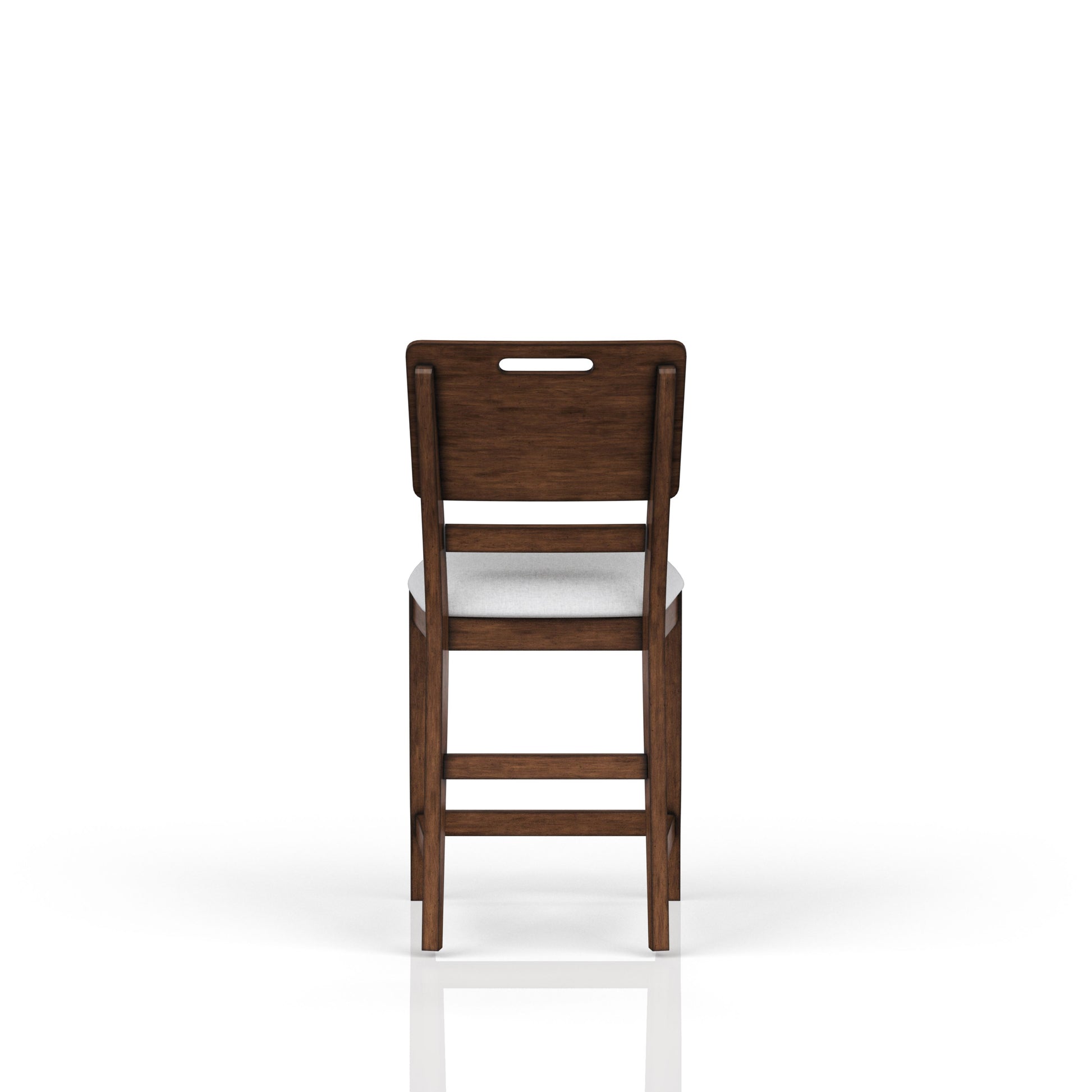 Back view of dark wood counter stool with white upholstered seat