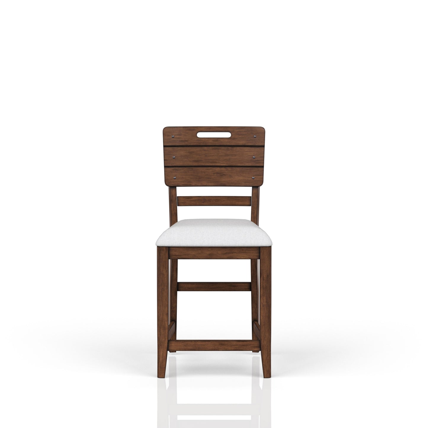 Rustic wood bar stool with white cushioned seat and horizontal back slats