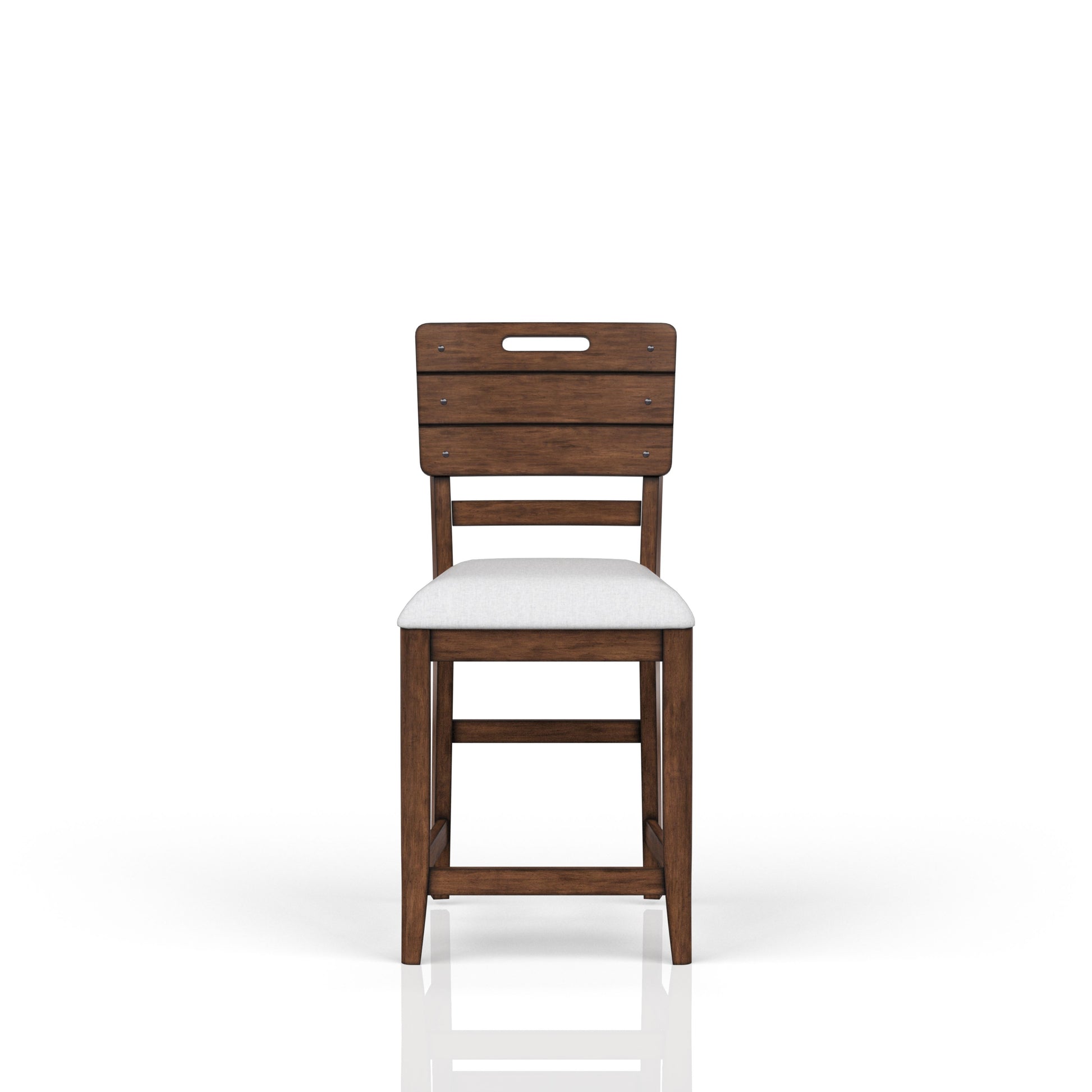 Rustic wood bar stool with white cushioned seat and horizontal back slats