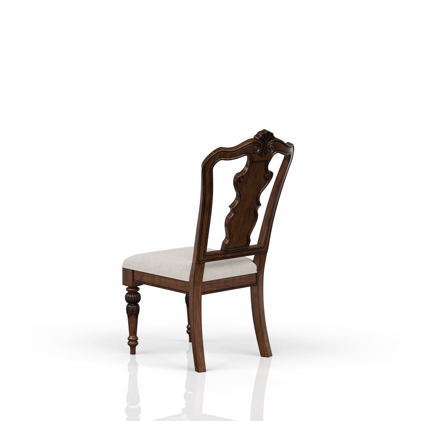 Dark wood carved dining chair with upholstered seat