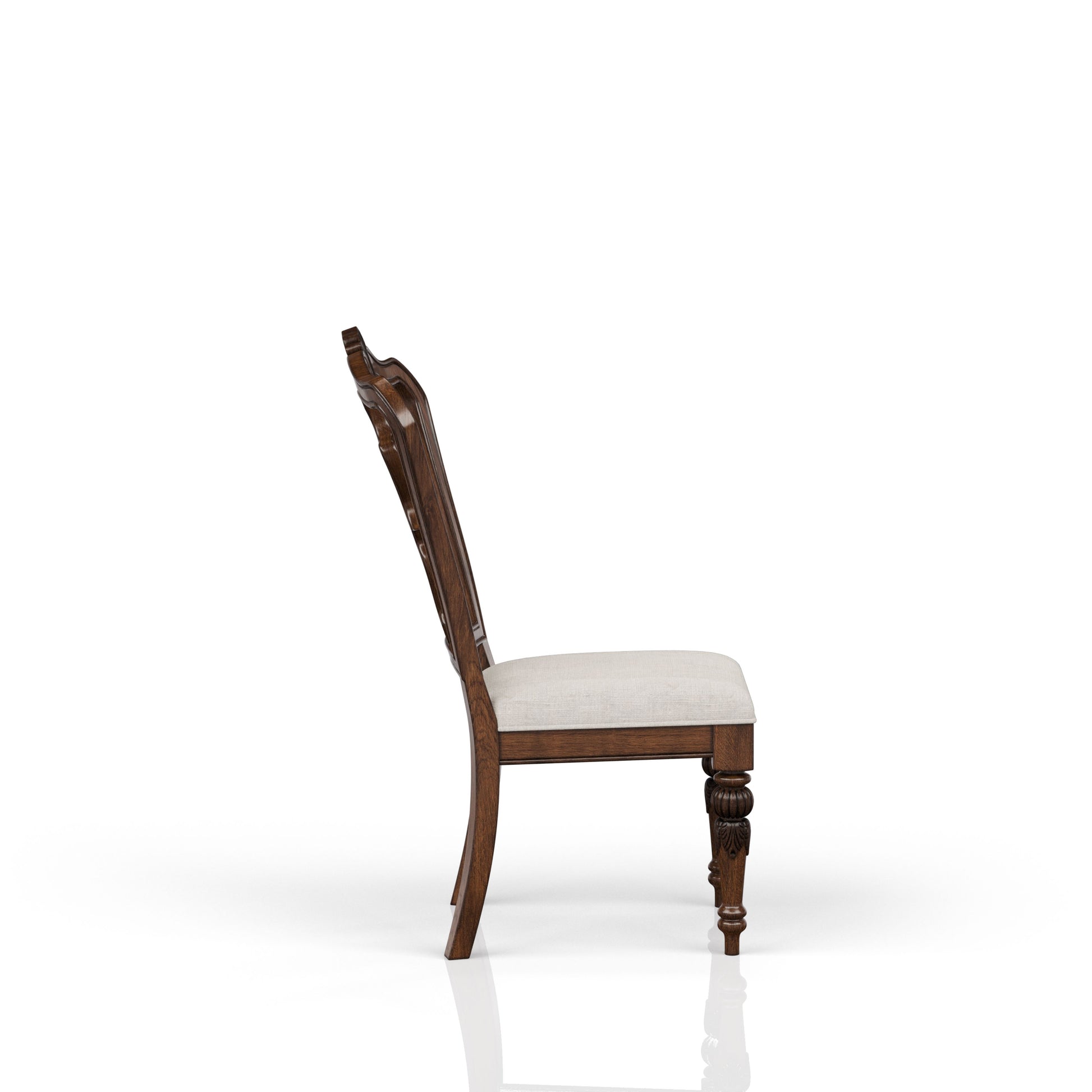 Ornate dark wood dining chair with light linen upholstered seat traditional style