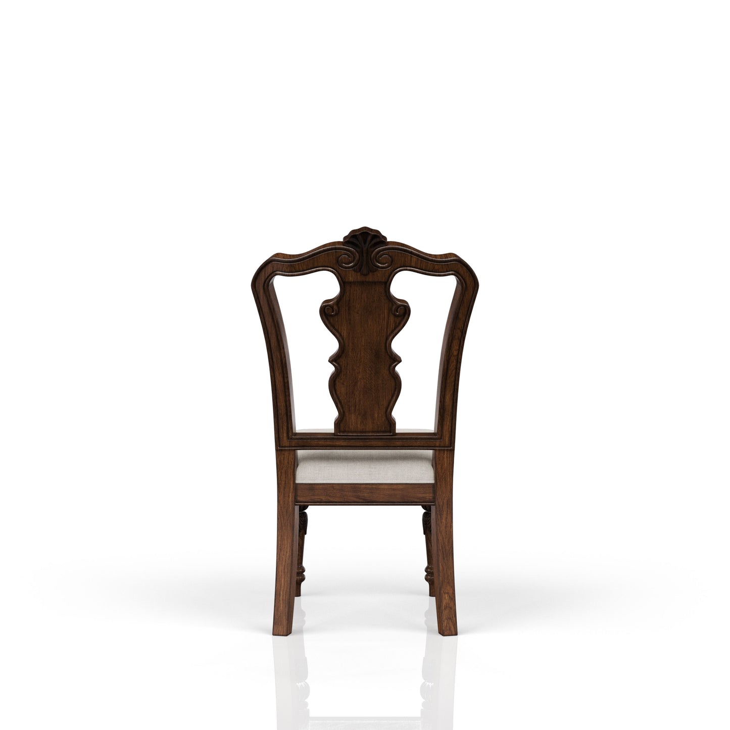 Dark wood dining chair with ornate carved back and light fabric seat