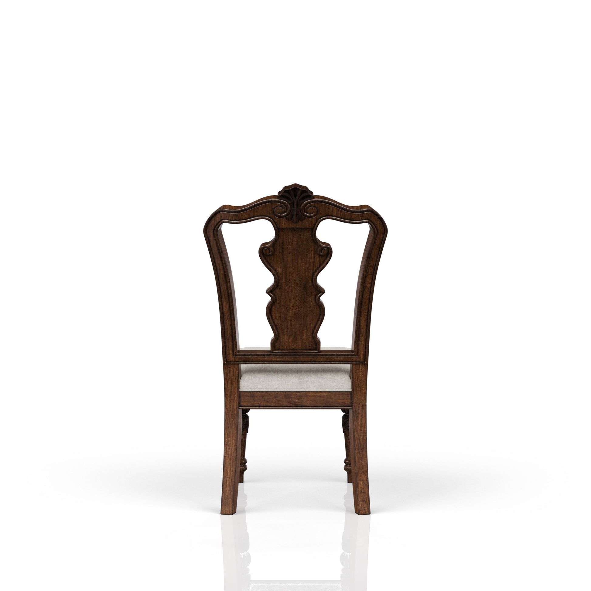 Dark wood dining chair with ornate carved back and light fabric seat