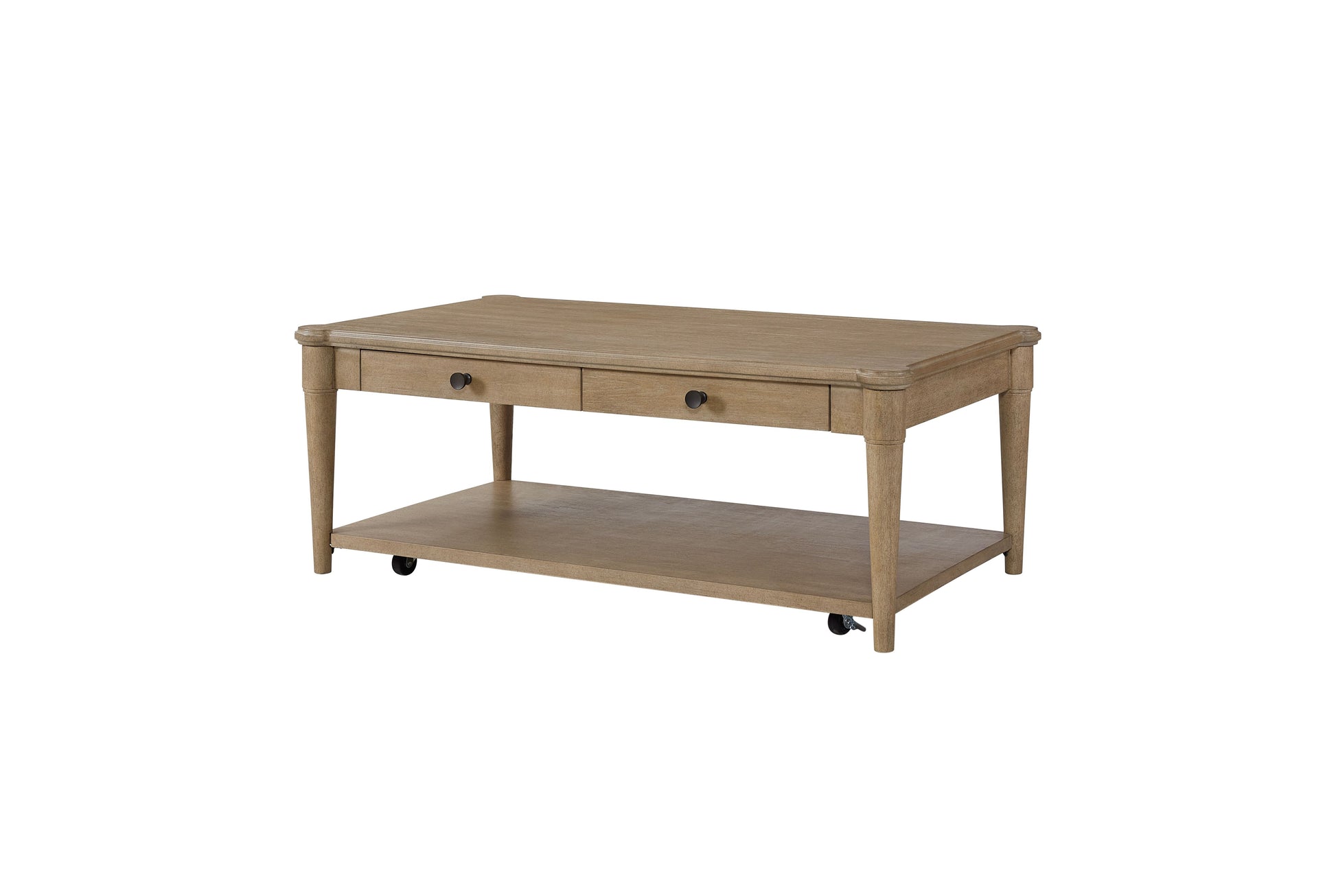 Rustic oak coffee table with two drawers and bottom shelf with casters