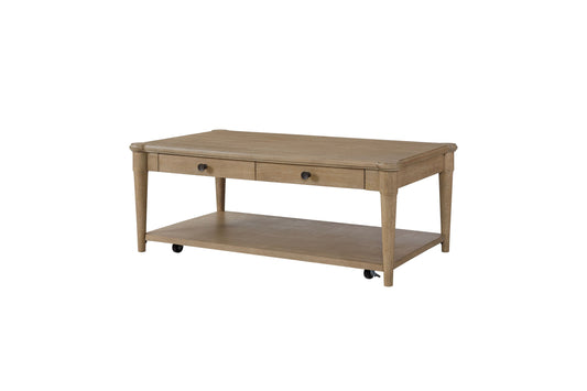 Rustic oak coffee table with two drawers and bottom shelf with casters