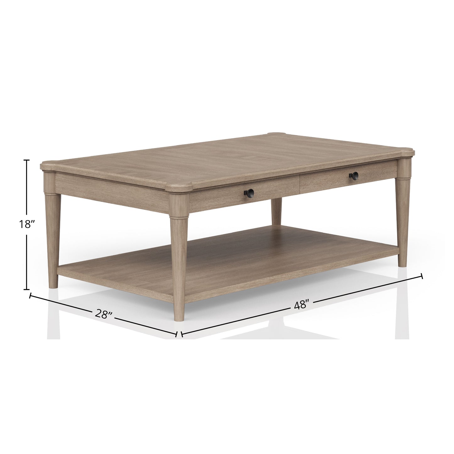 Rustic oak coffee table with two drawers and bottom shelf