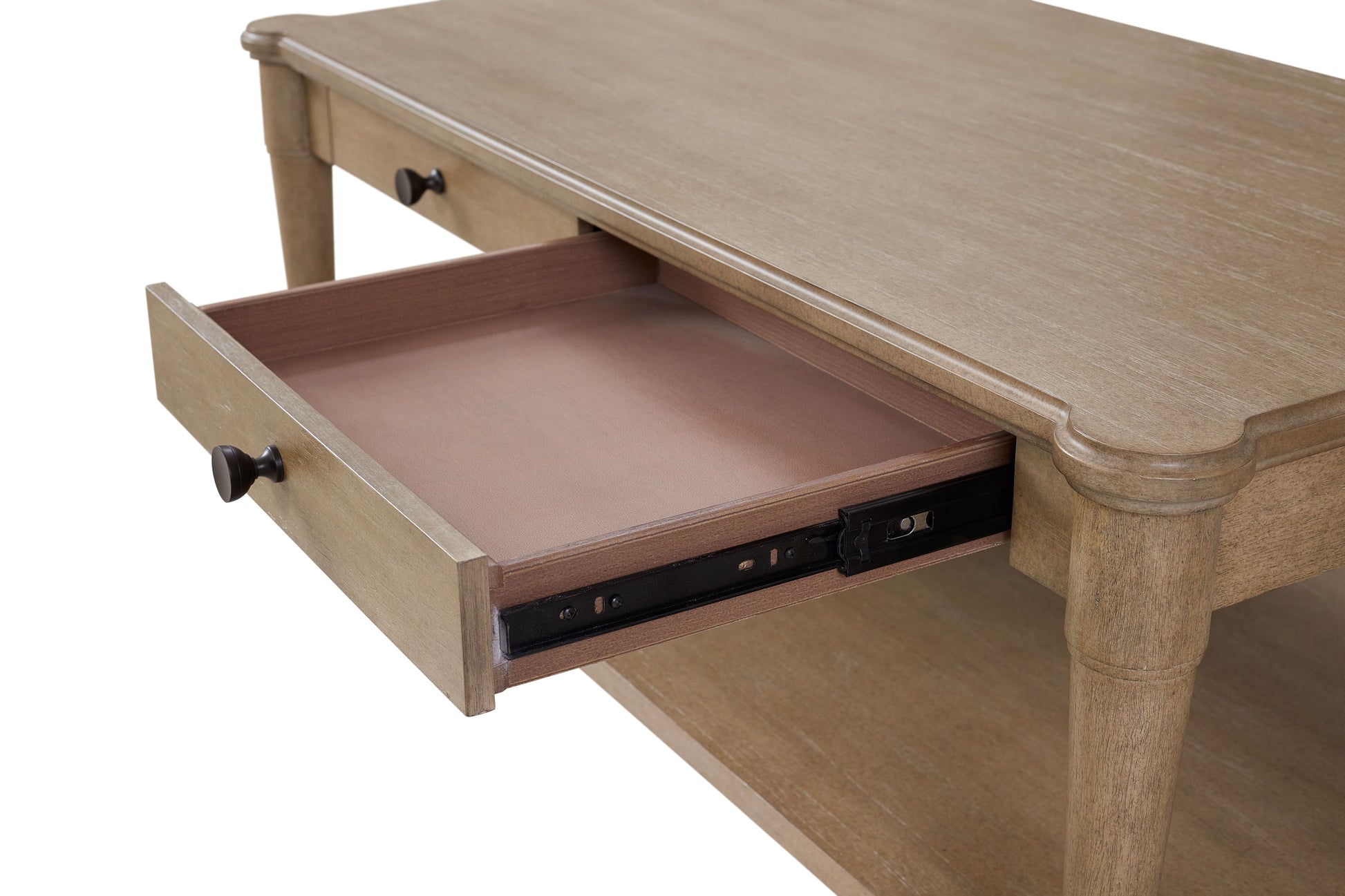 Light oak coffee table with open drawer and dark knob