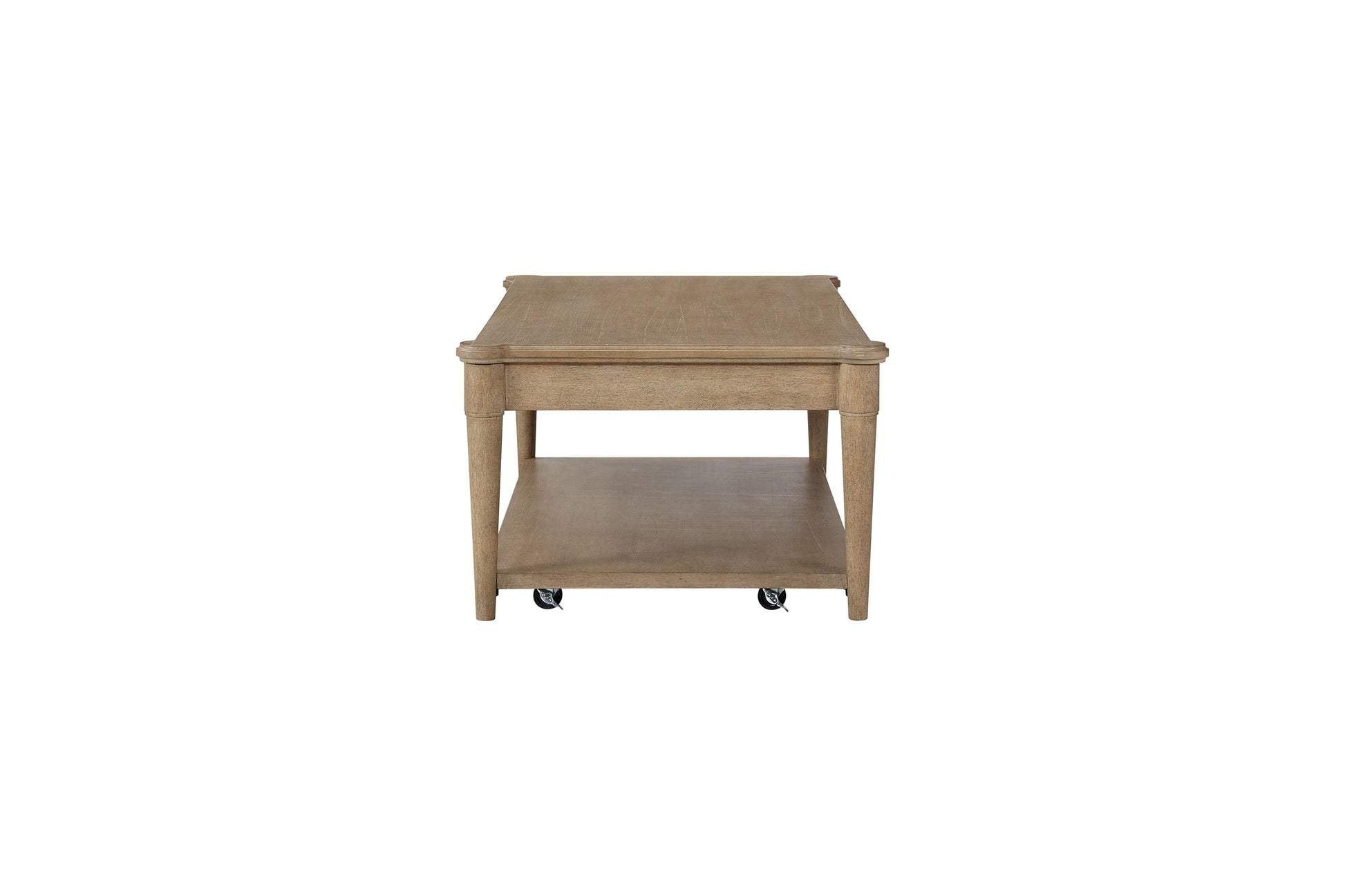Rustic oak end table with lower shelf and casters