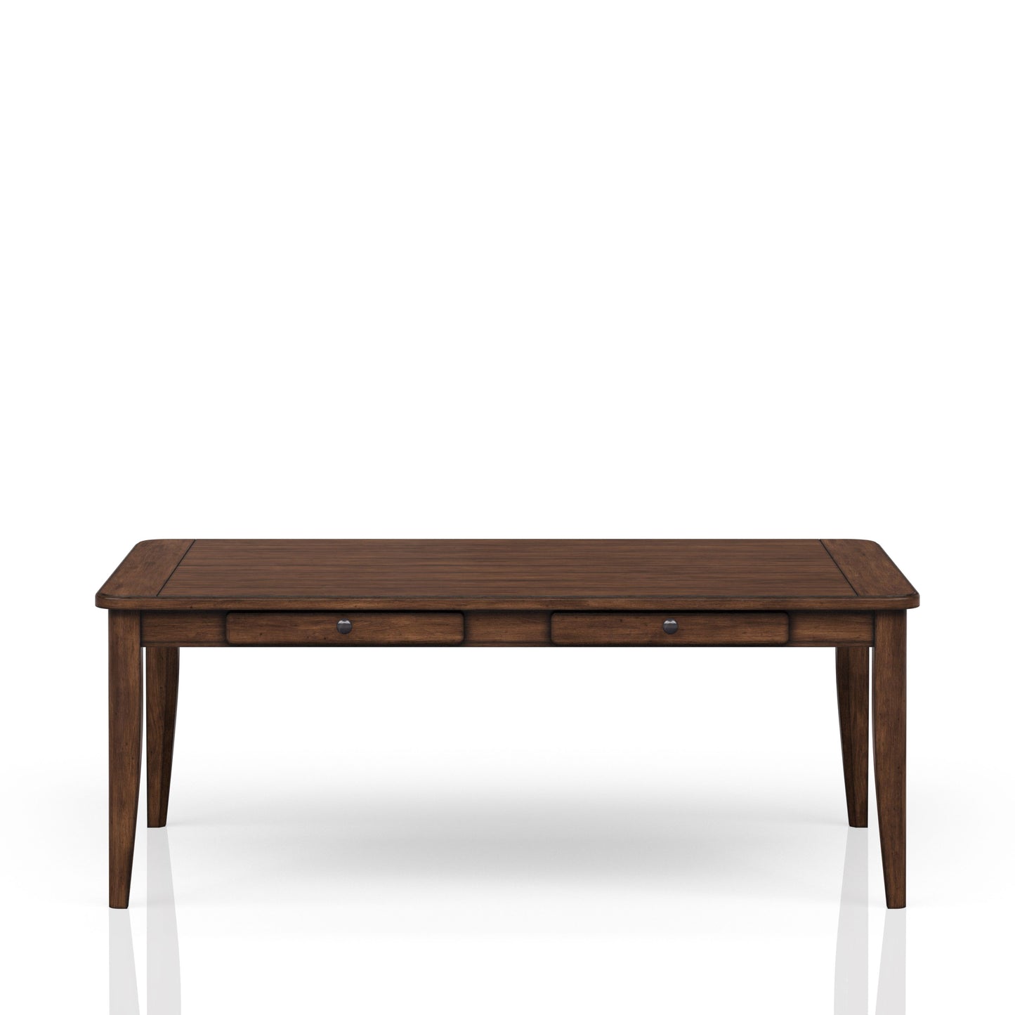 Dark wood writing desk with two drawers and brushed metal pulls