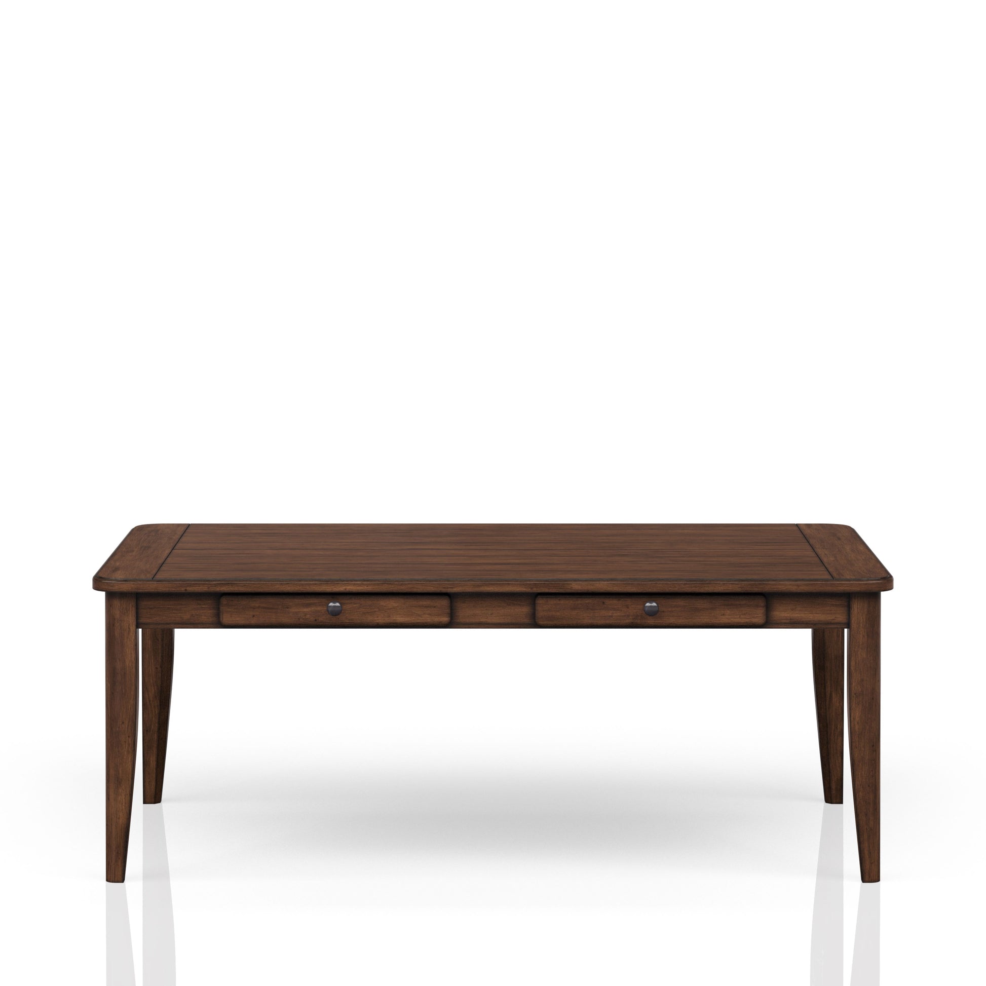 Dark wood writing desk with two drawers and brushed metal pulls