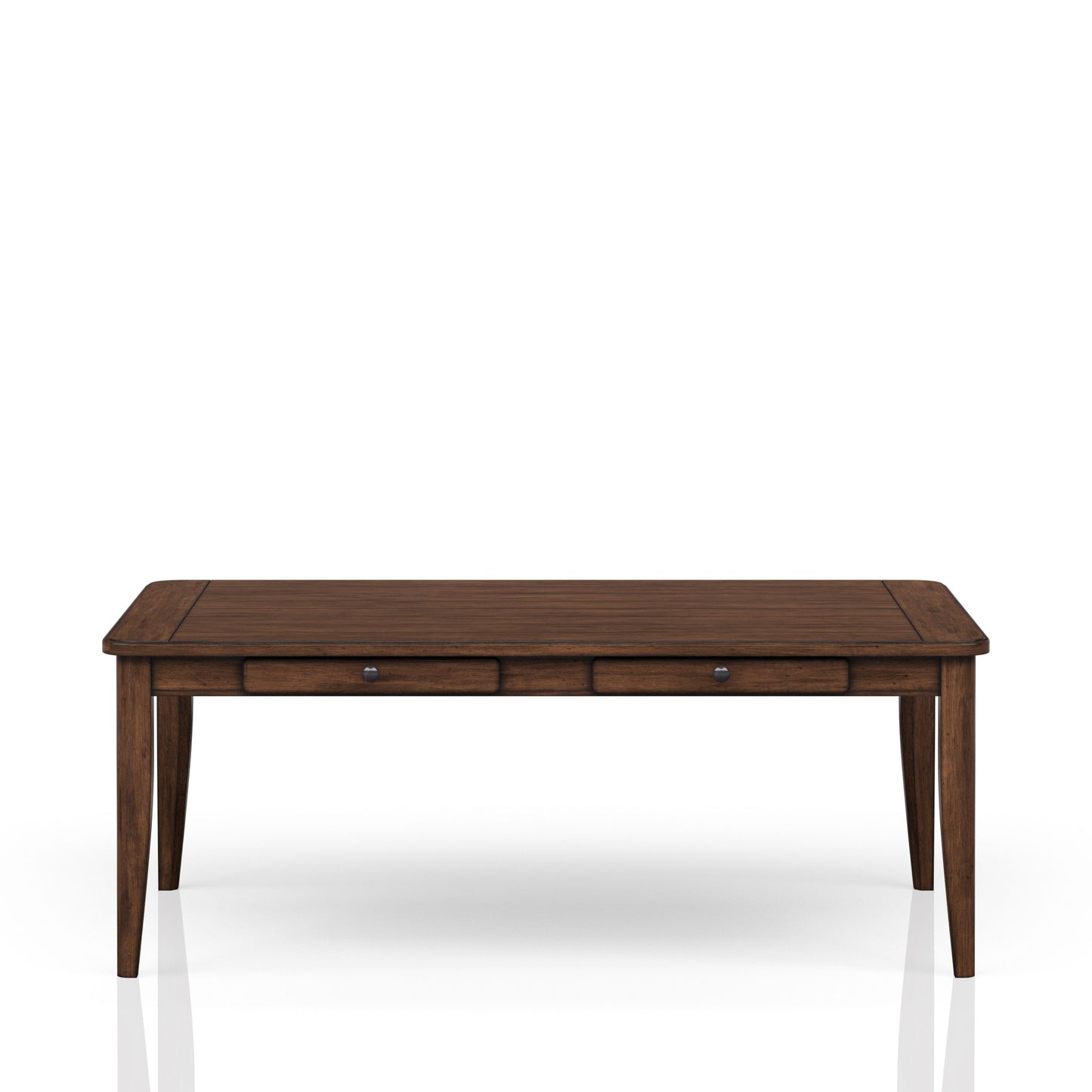 Dark brown wooden dining table with three drawers and antique silver knobs