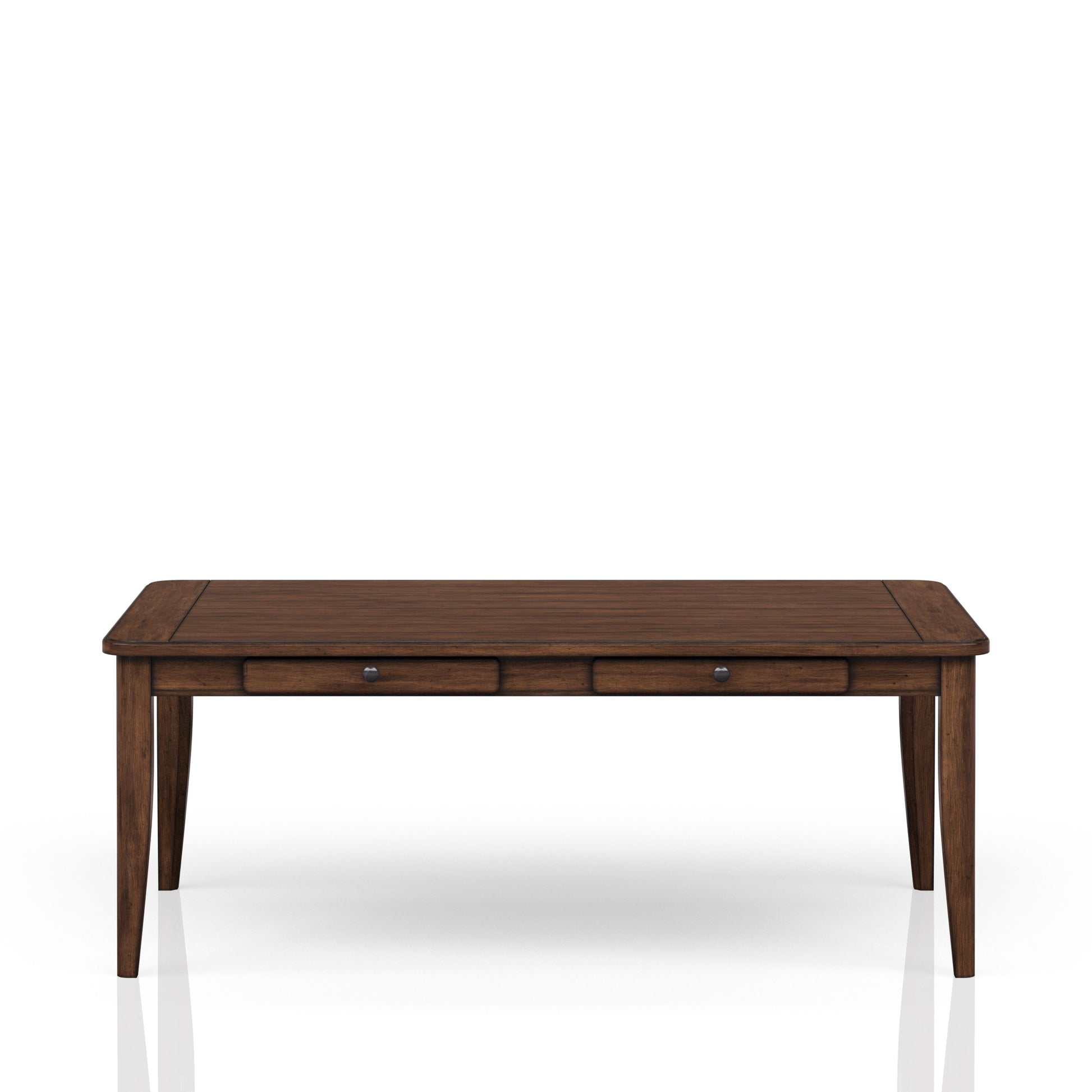 Dark brown wooden dining table with three drawers and antique silver knobs
