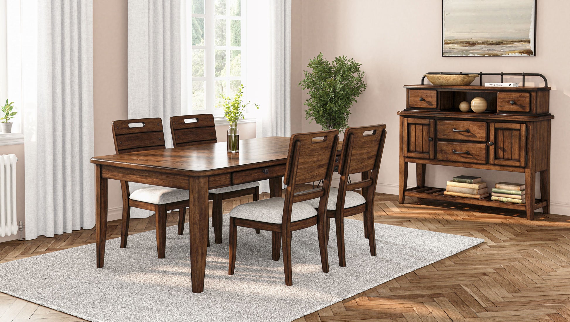 Dark wood dining table and four chairs with upholstered seats perfect for family meals