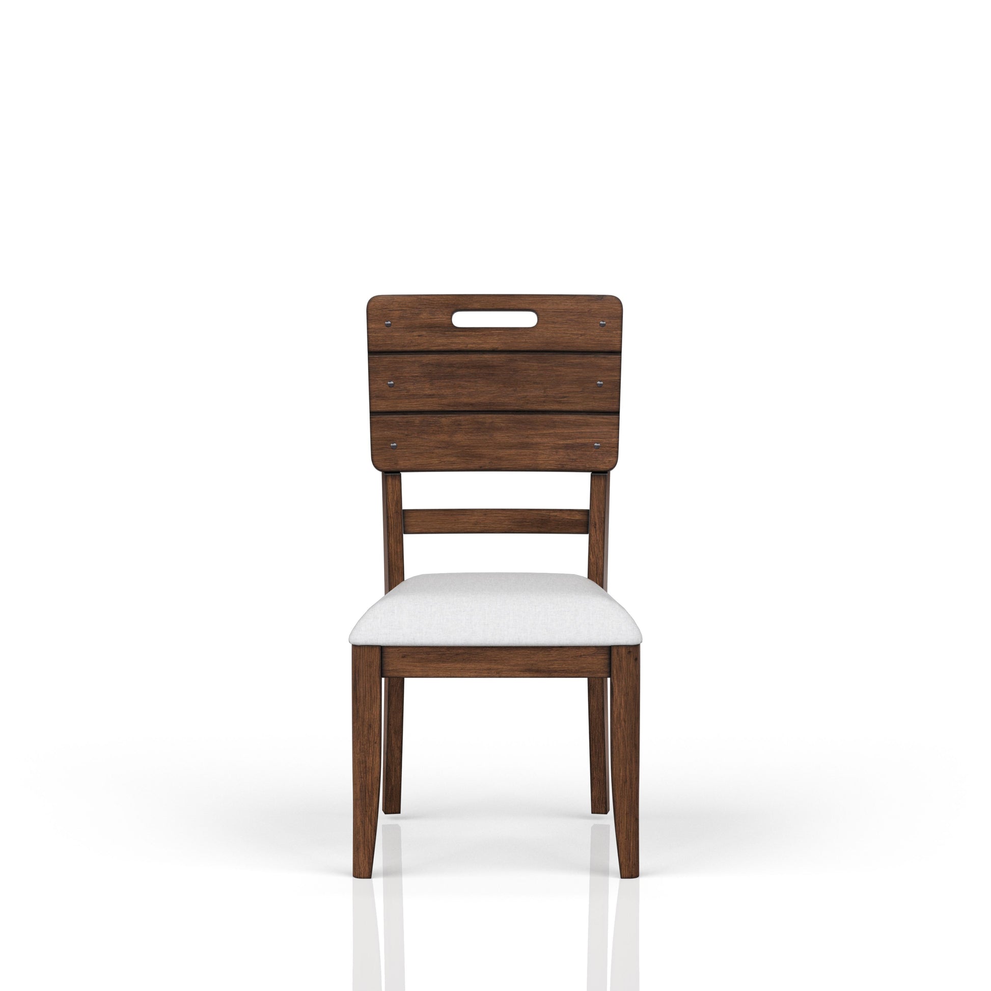 Dark wood dining chair with a white upholstered seat and horizontal back slats